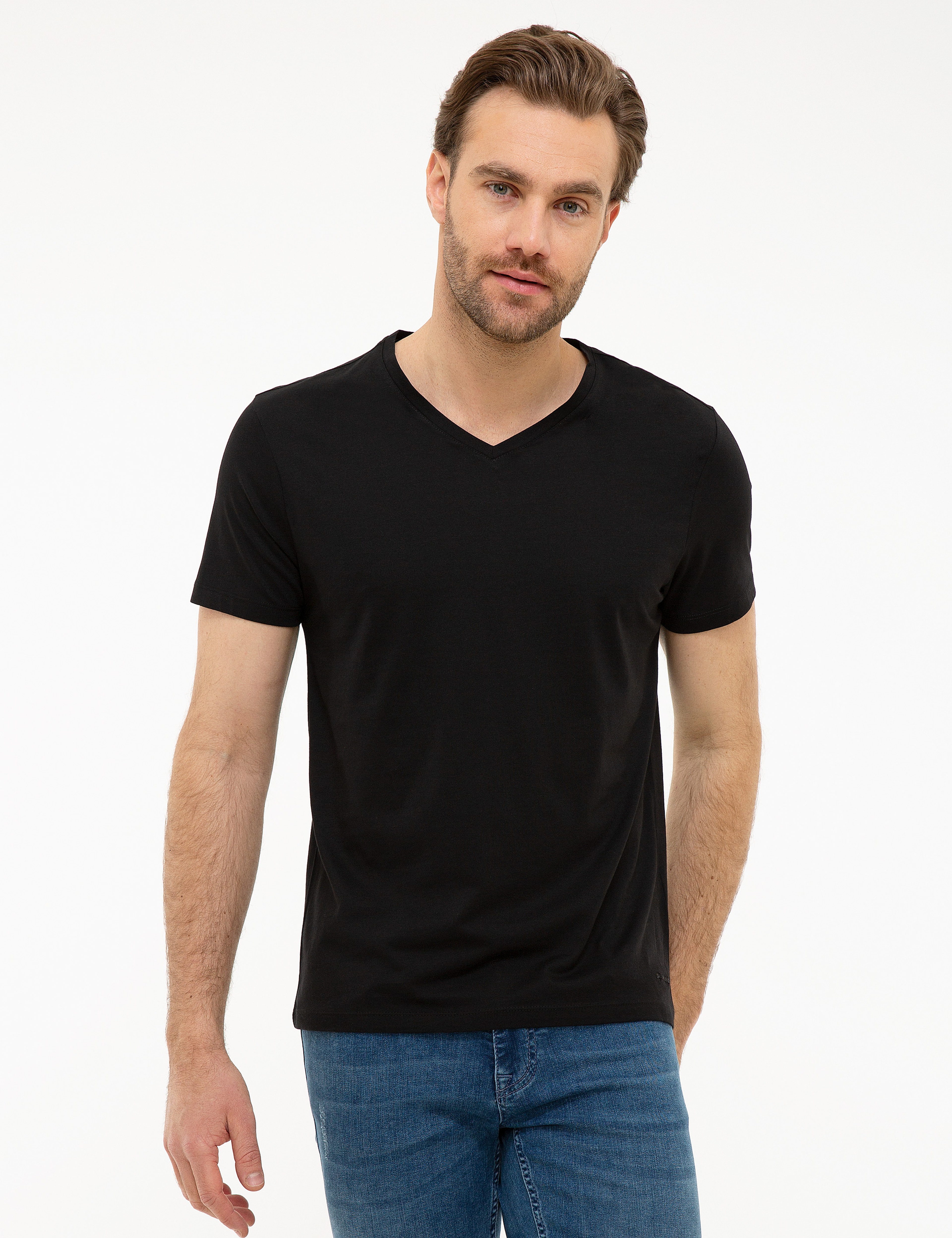 Siyah Slim Fit V Yaka Basic T-Shirt - Image 1