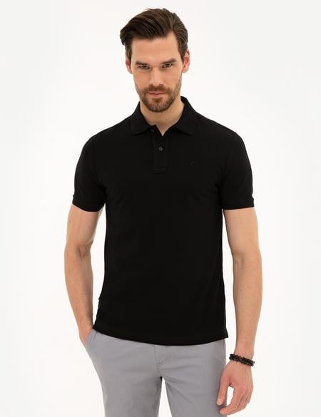 Siyah Slim Fit Polo Yaka Basic T-Shirt - 50218589009