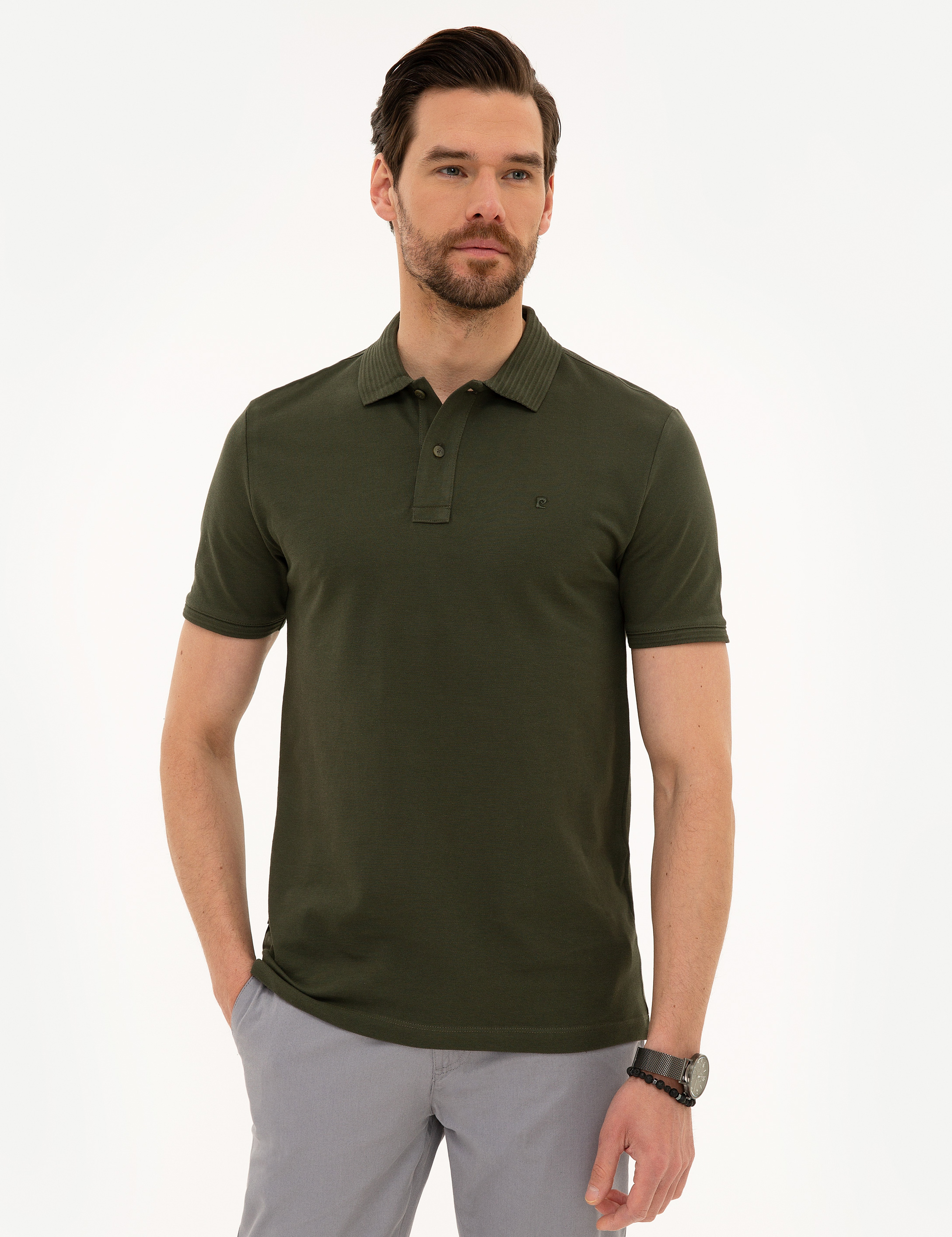 Açık Haki Slim Fit Polo Yaka Basic T-Shirt