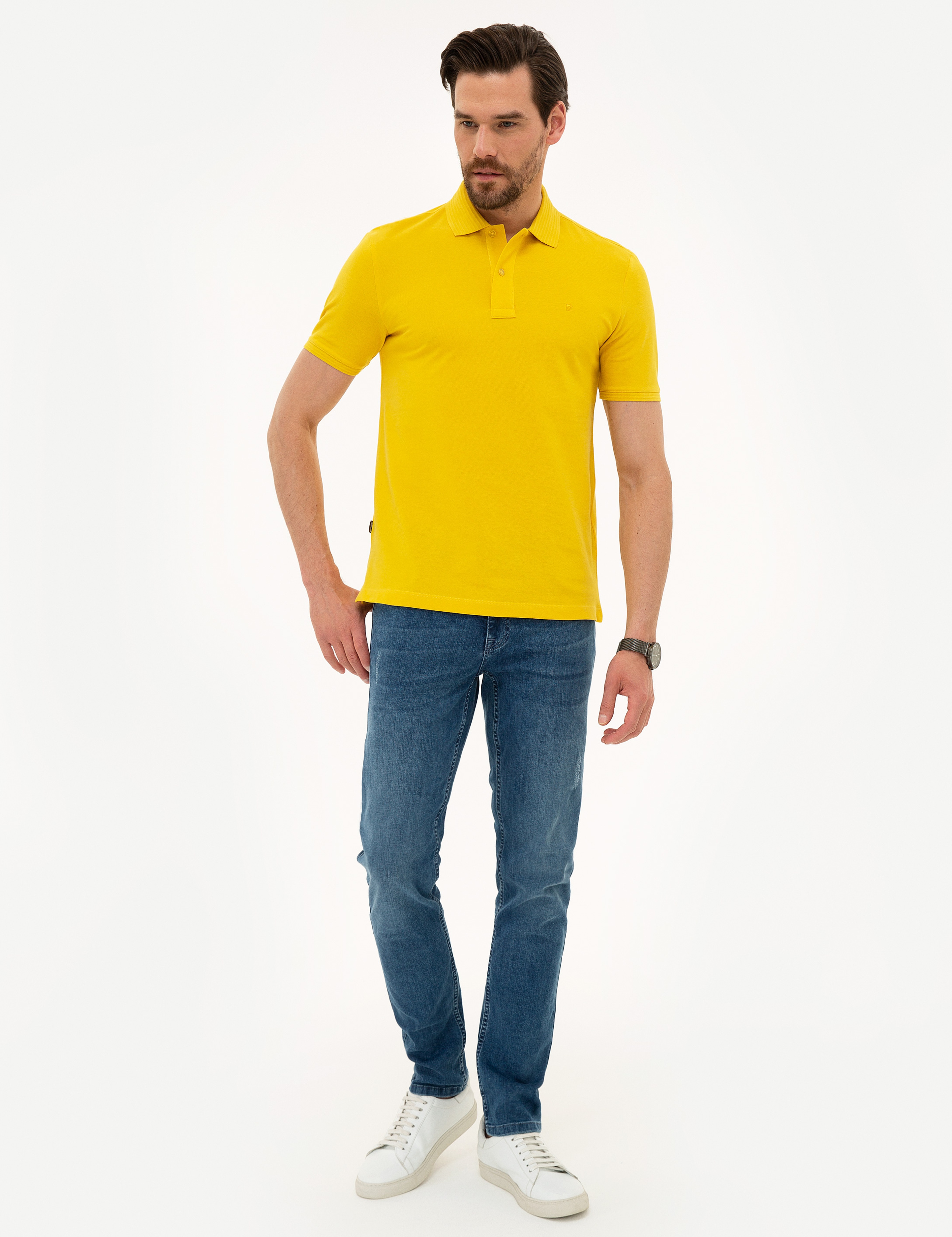 Sarı Slim Fit Polo Yaka Basic Tişört - Image 4