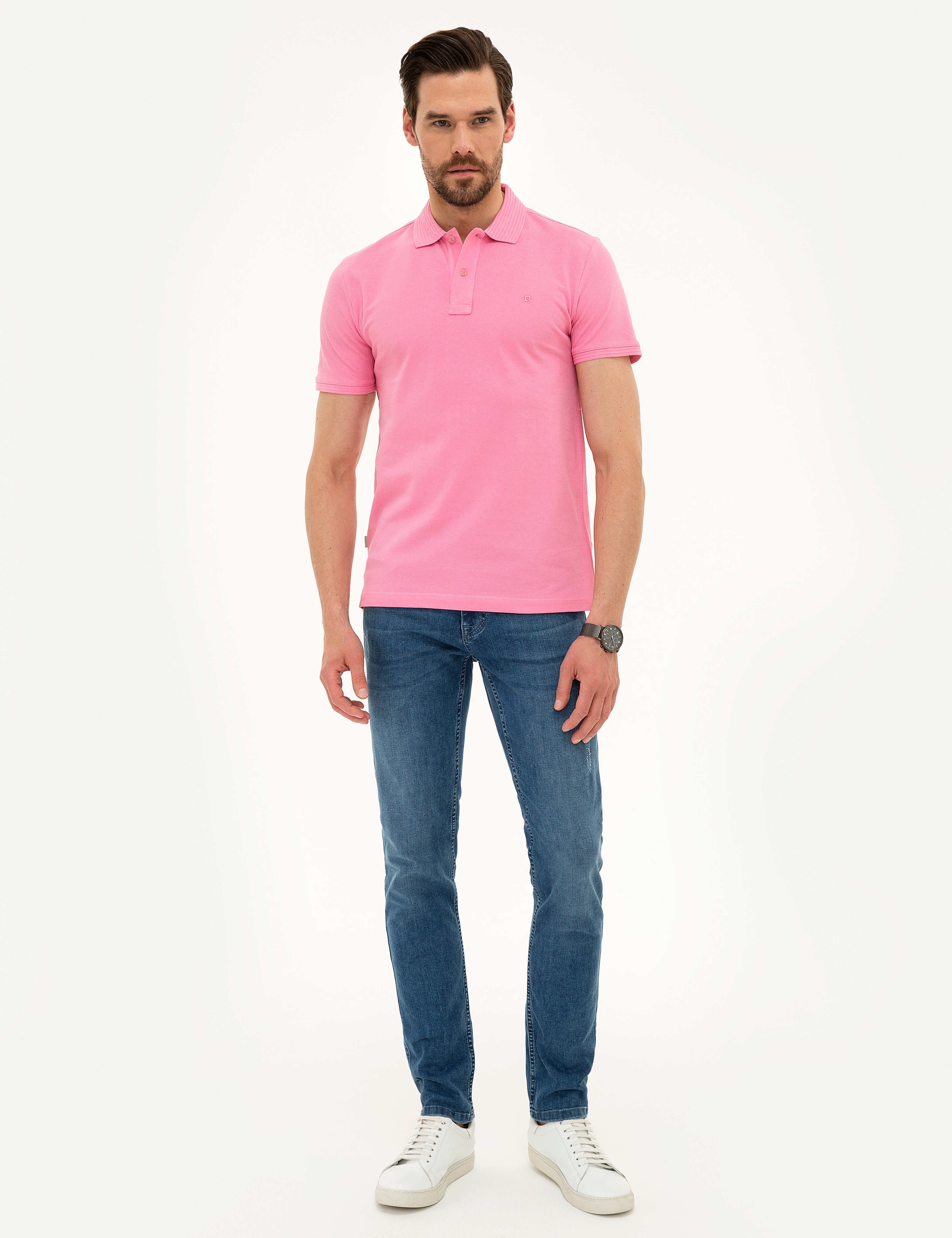 Pembe Slim Fit Polo Yaka Basic Tişört - Image 4