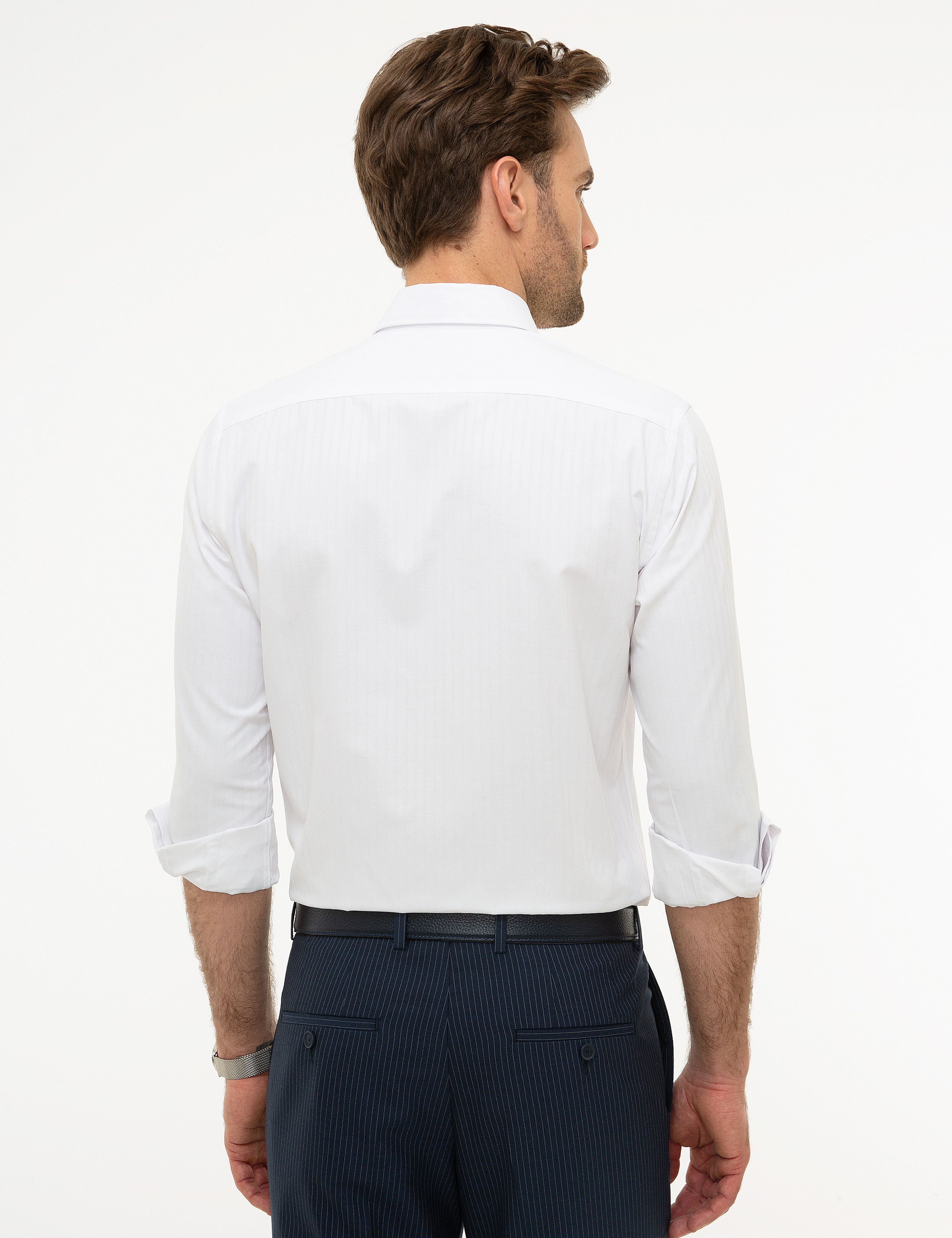 Beyaz Slim Fit Armürlü Gömlek - Image 3