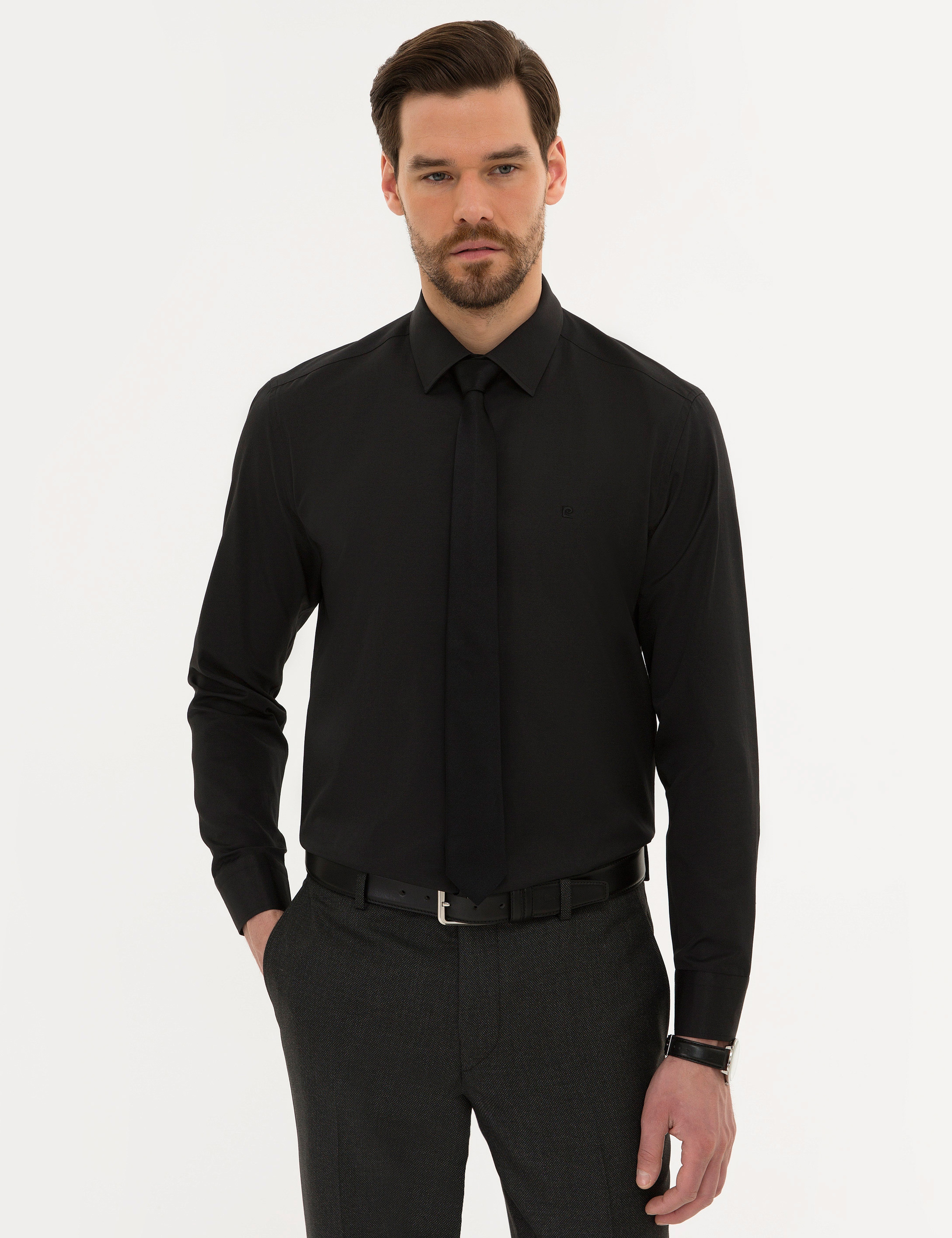 Siyah Slim Fit Armürlü Gömlek