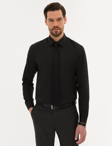 Siyah Slim Fit Armürlü Gömlek