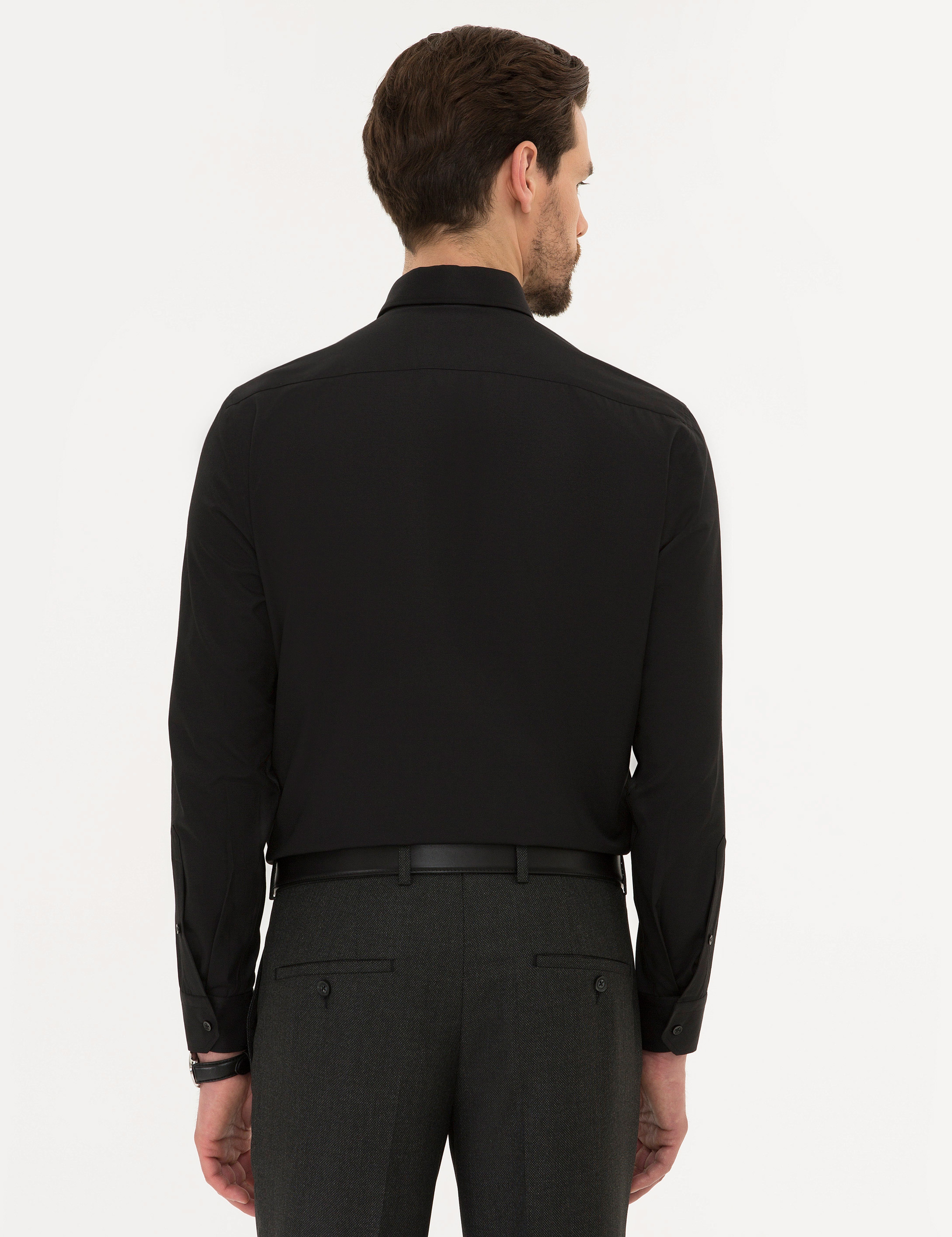 Siyah Slim Fit Armürlü Gömlek - Image 3