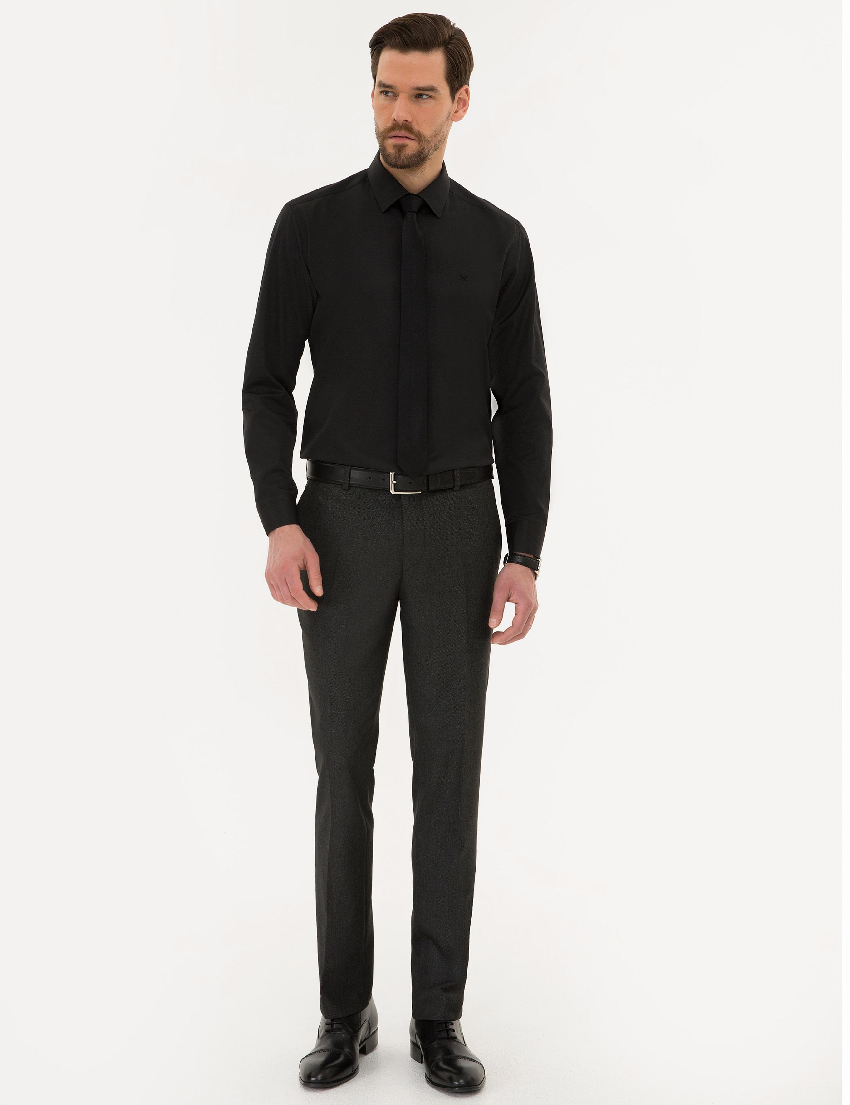 Siyah Slim Fit Armürlü Gömlek