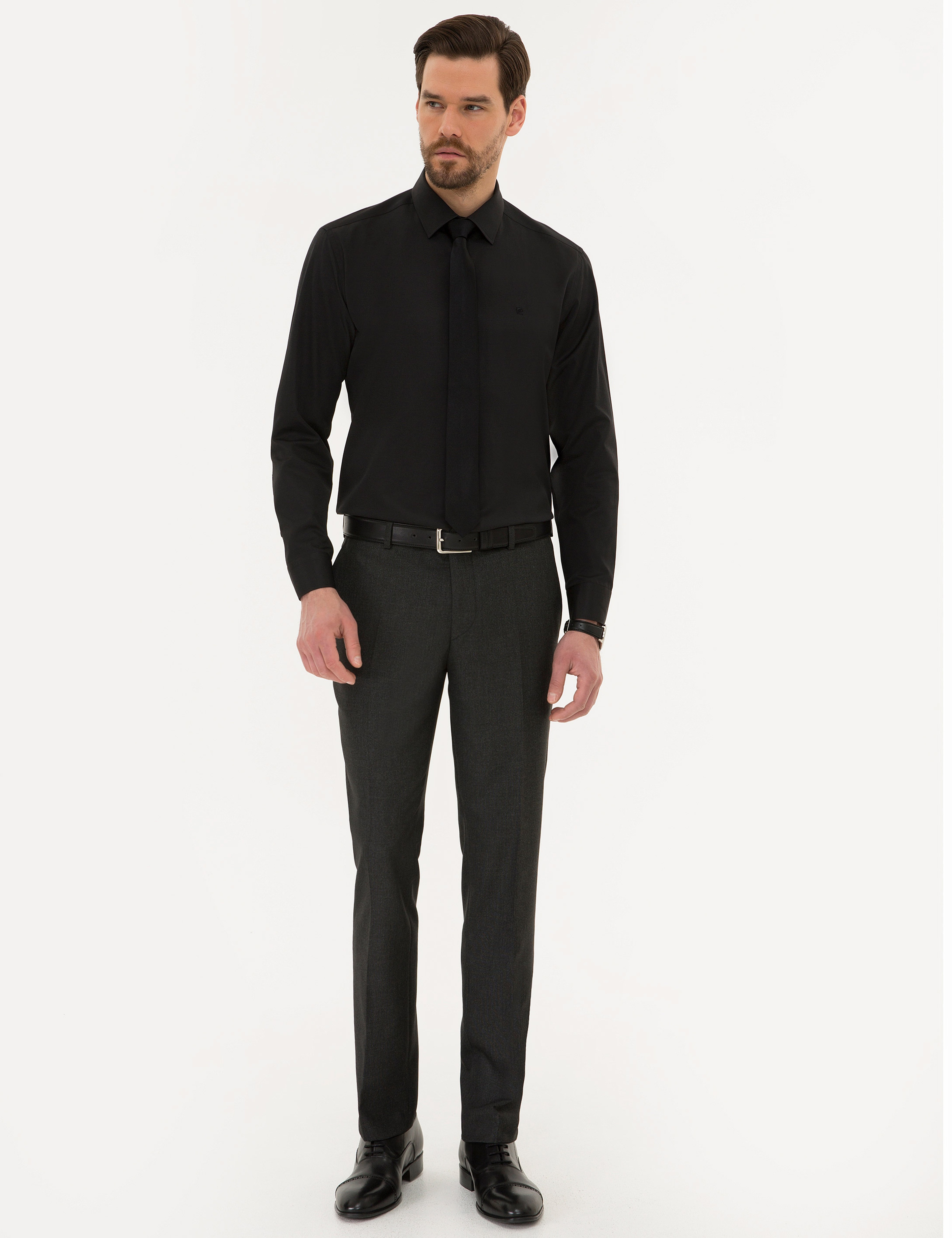Siyah Slim Fit Armürlü Gömlek - Image 4