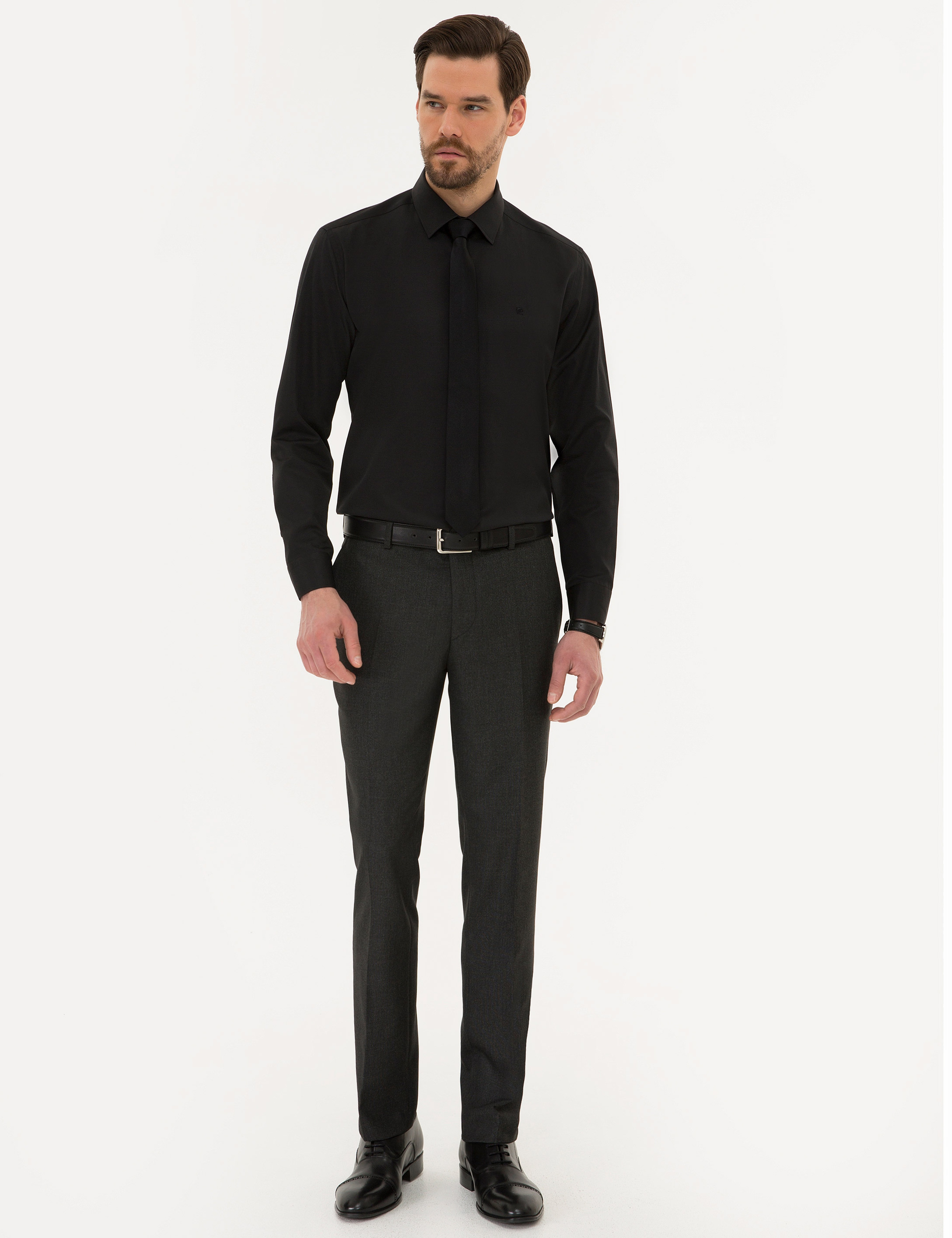 Siyah Slim Fit Armürlü Gömlek