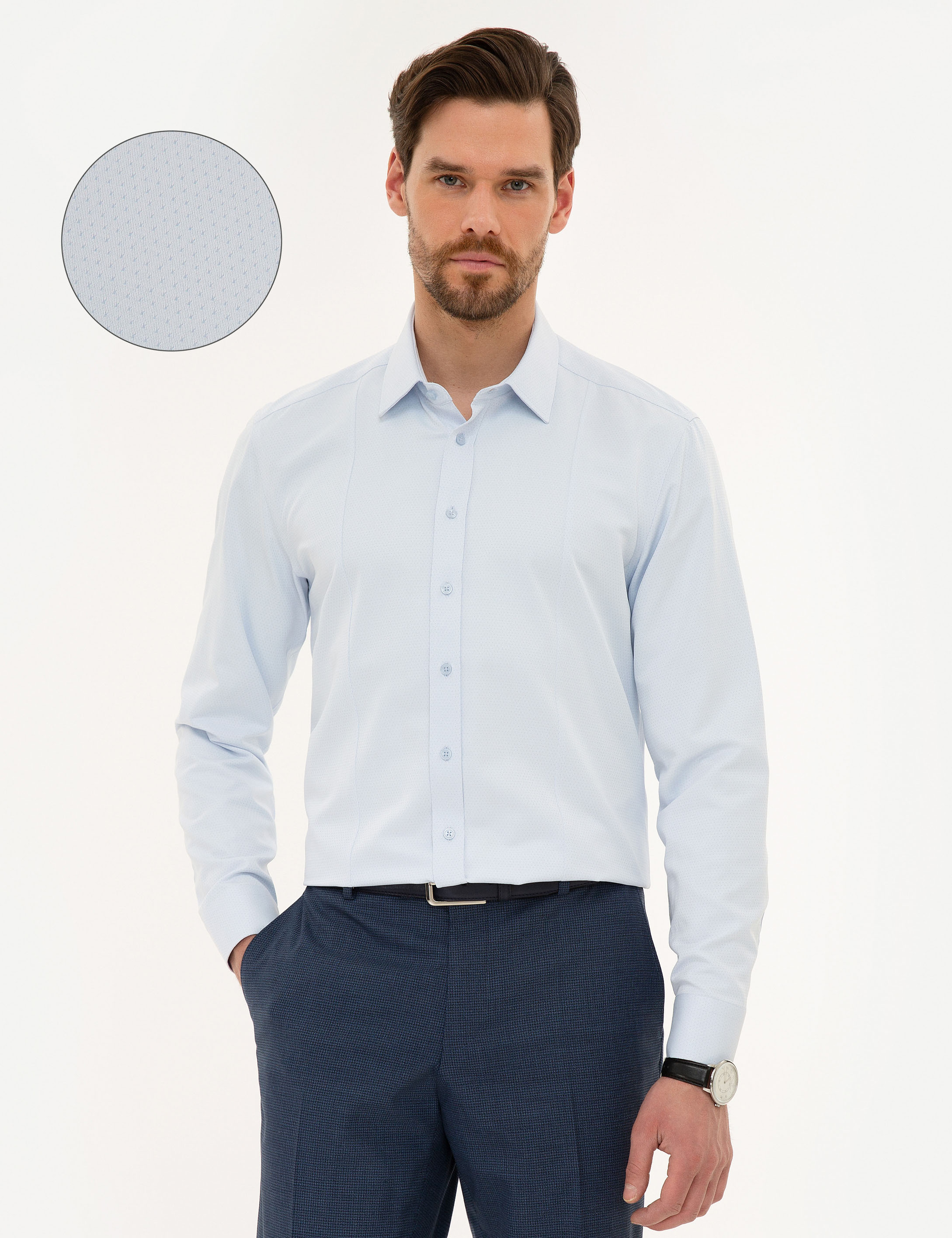Açık Mavi Slim Fit Armürlü Gömlek - Image 1