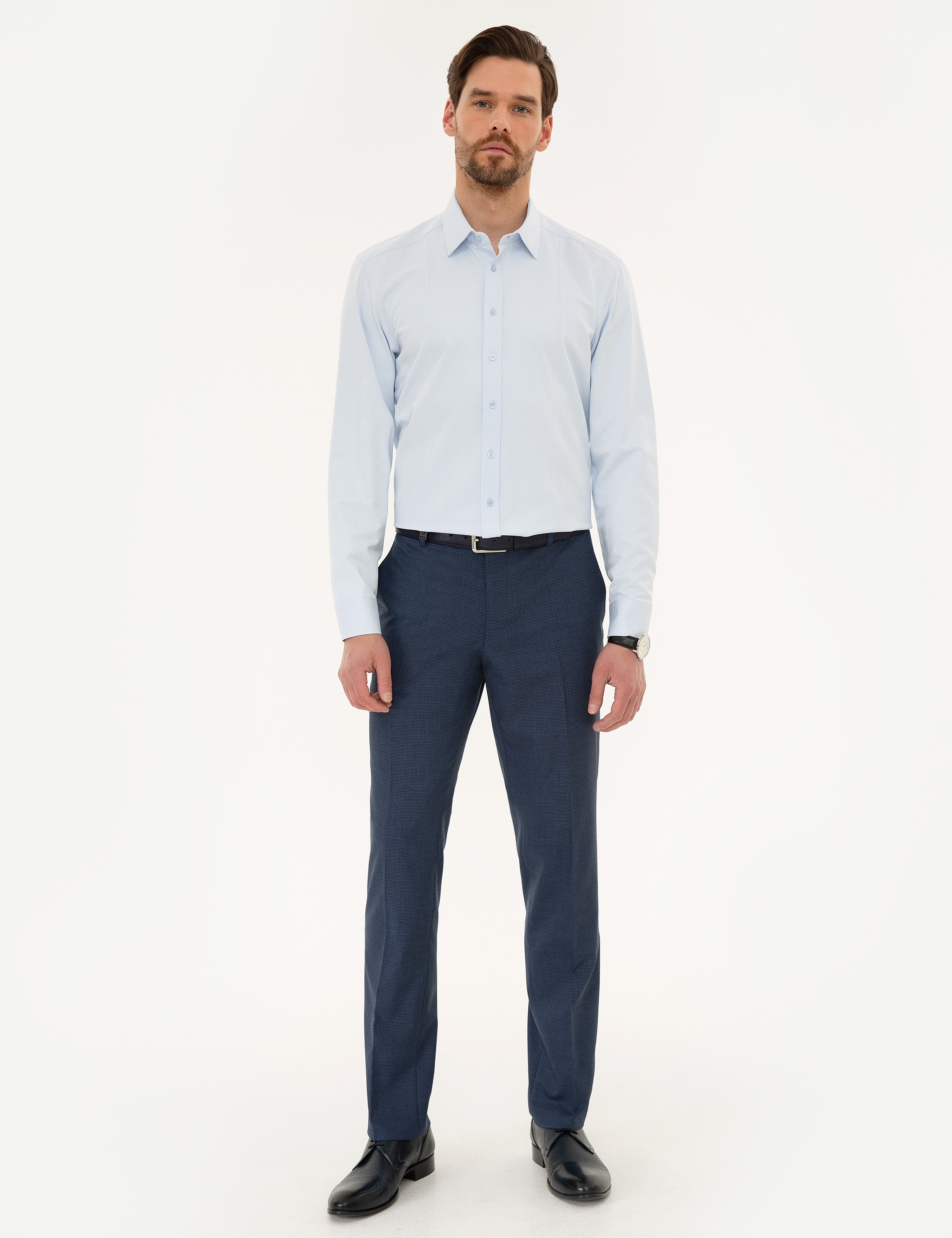 Açık Mavi Slim Fit Armürlü Gömlek - Image 4