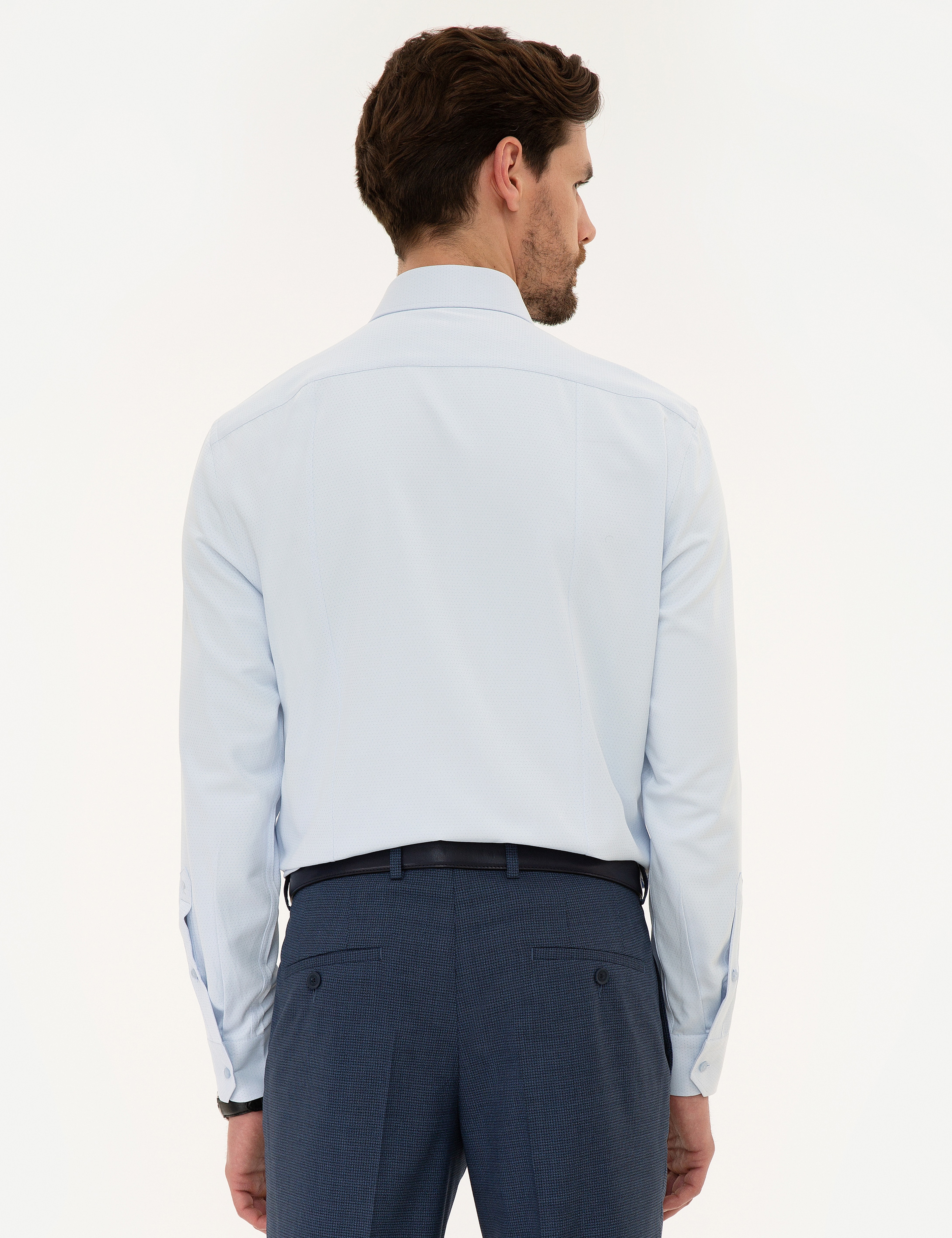 Açık Mavi Slim Fit Armürlü Gömlek - Image 3