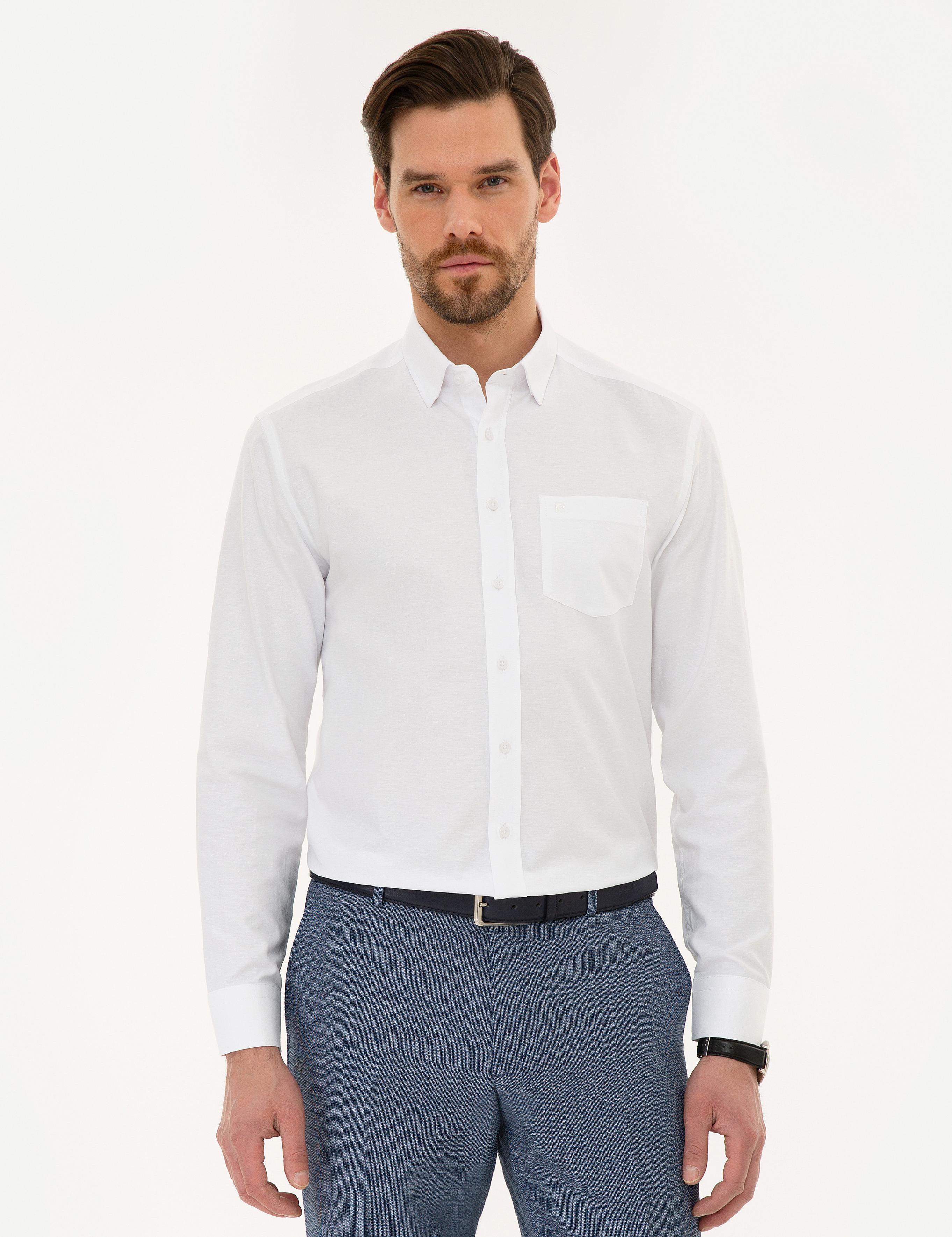 Beyaz Regular Fit Armürlü Gömlek