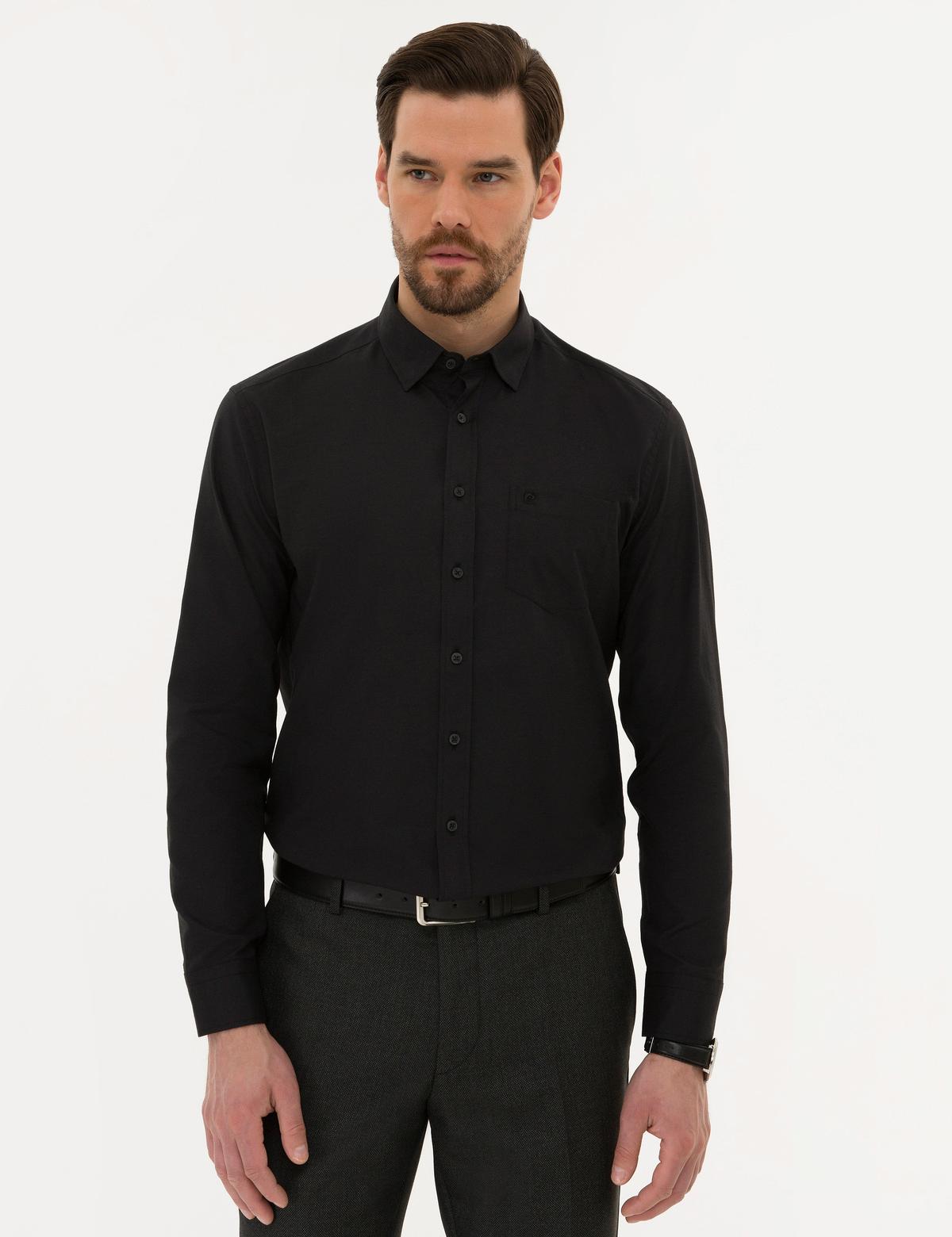 Siyah Regular Fit Armürlü Gömlek