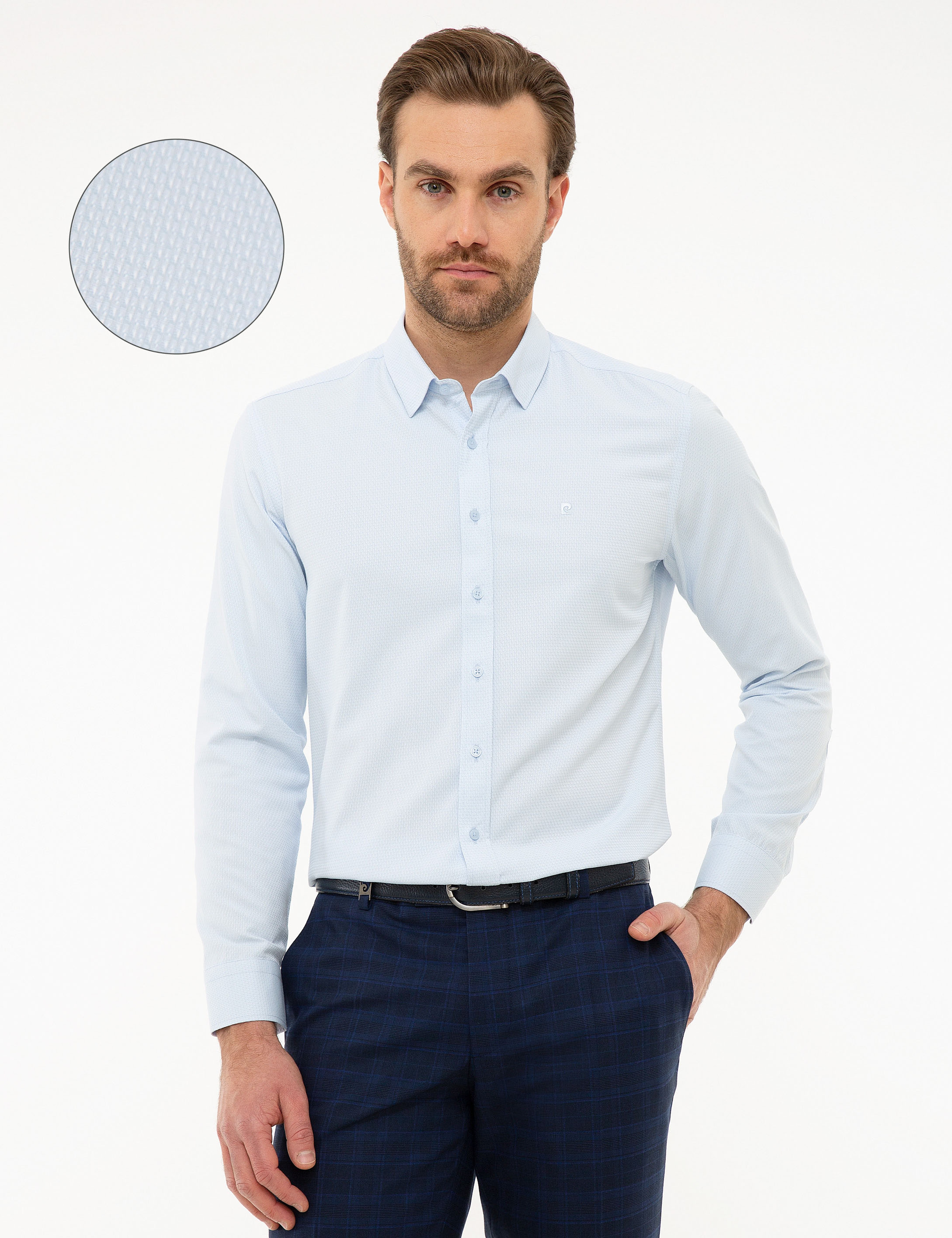 Açık Mavi Slim Fit Armürlü Gömlek - Image 1