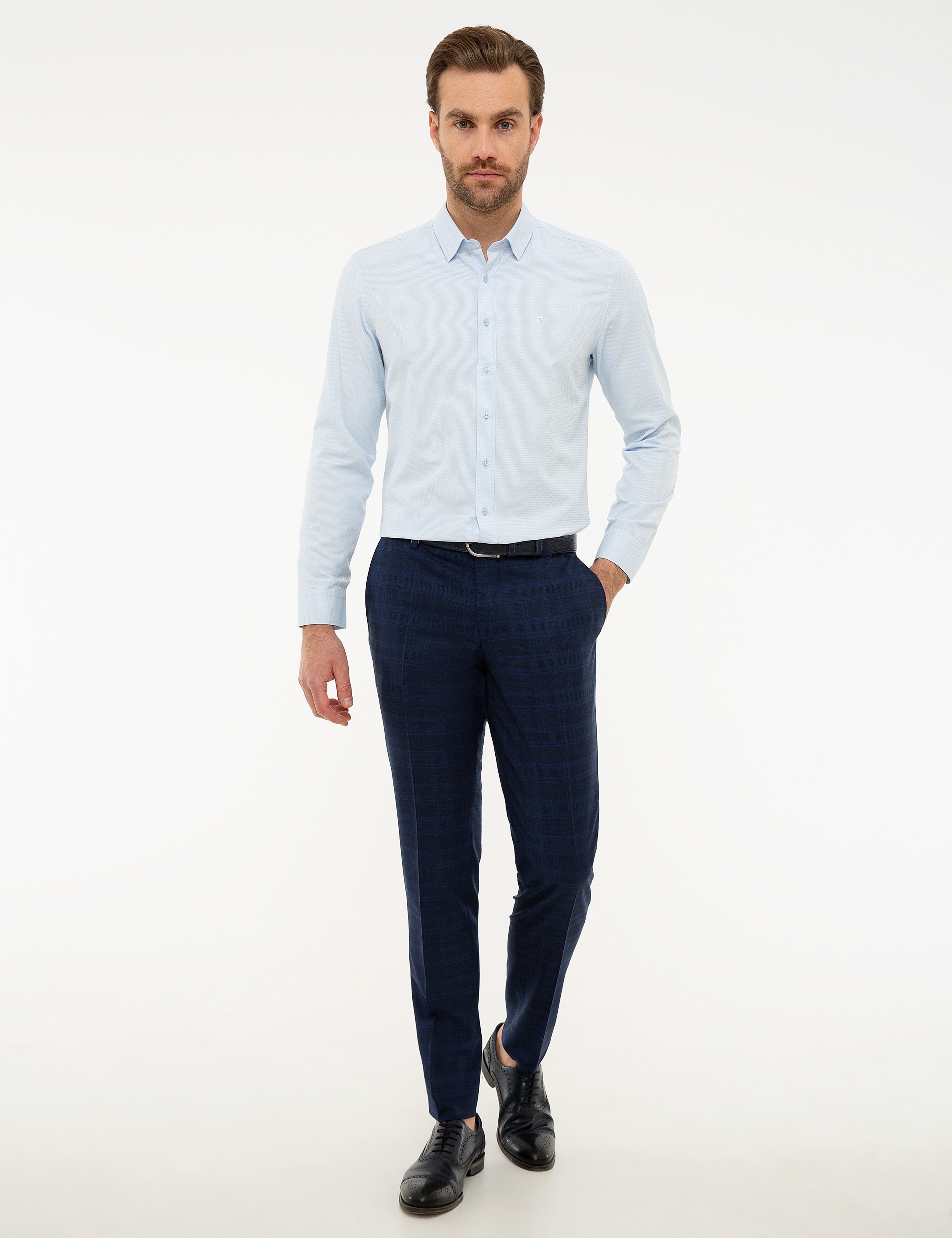 Açık Mavi Slim Fit Armürlü Gömlek - Image 4