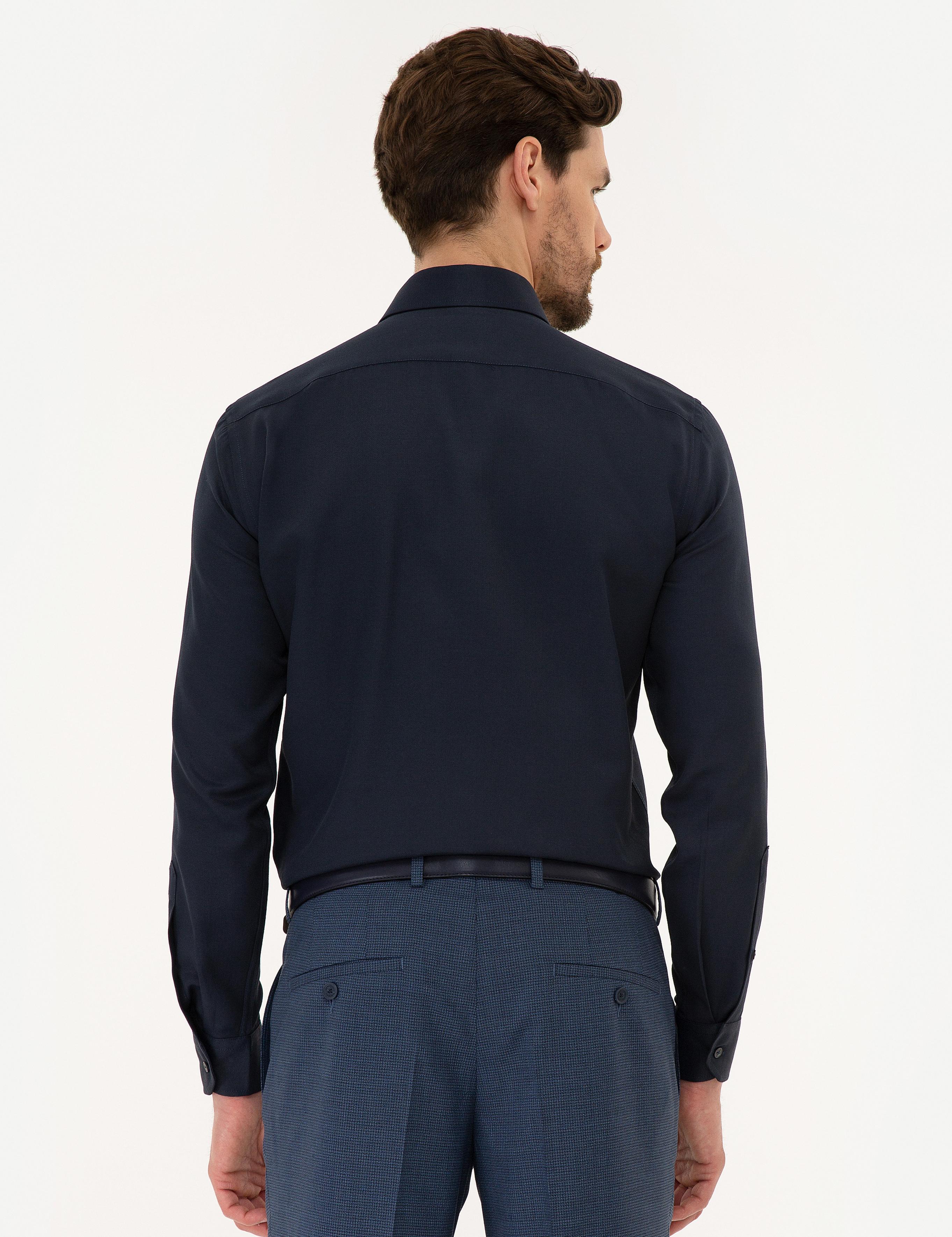 Lacivert Slim Fit Armürlü Gömlek