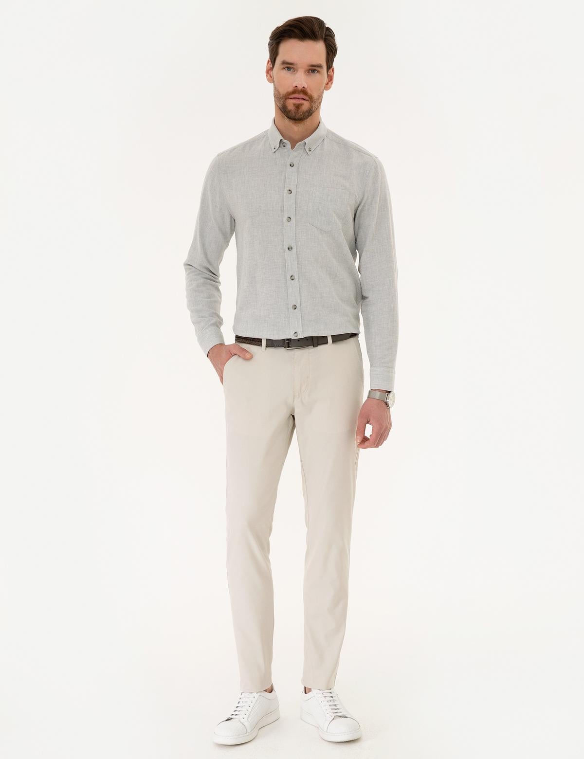 Açık Gri Regular Fit Keten Karışımlı Gömlek - 50220244003