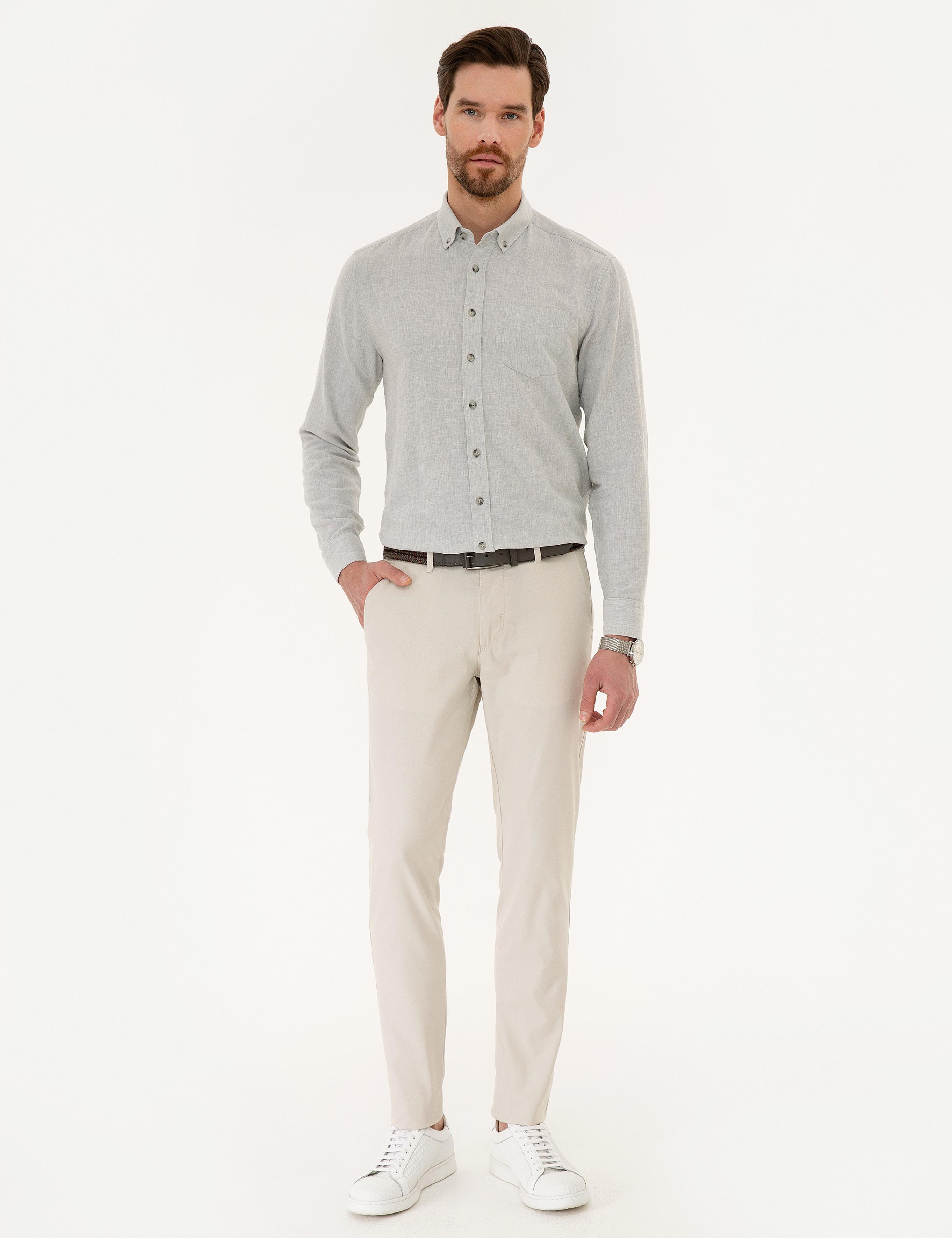 Açık Gri Regular Fit Keten Karışımlı Gömlek