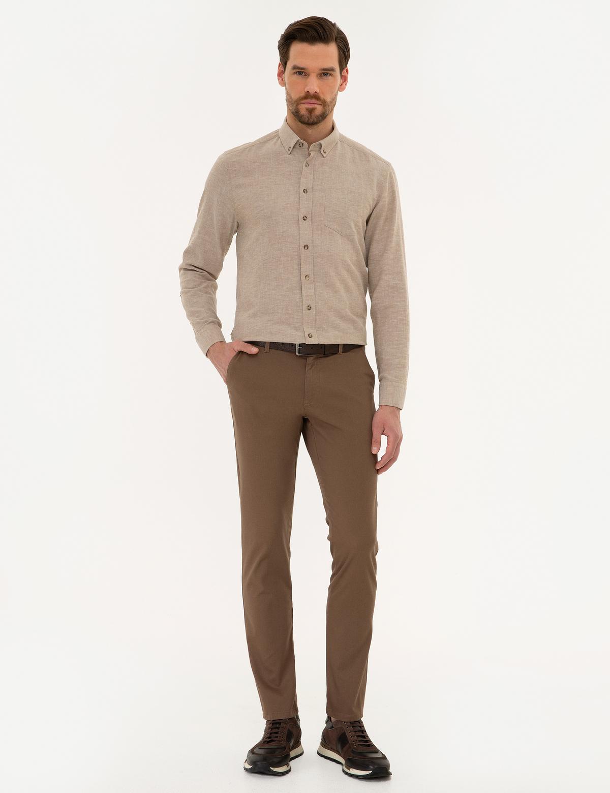 Açık Kahverengi Regular Fit Keten Karışımlı Gömlek - 50220244016