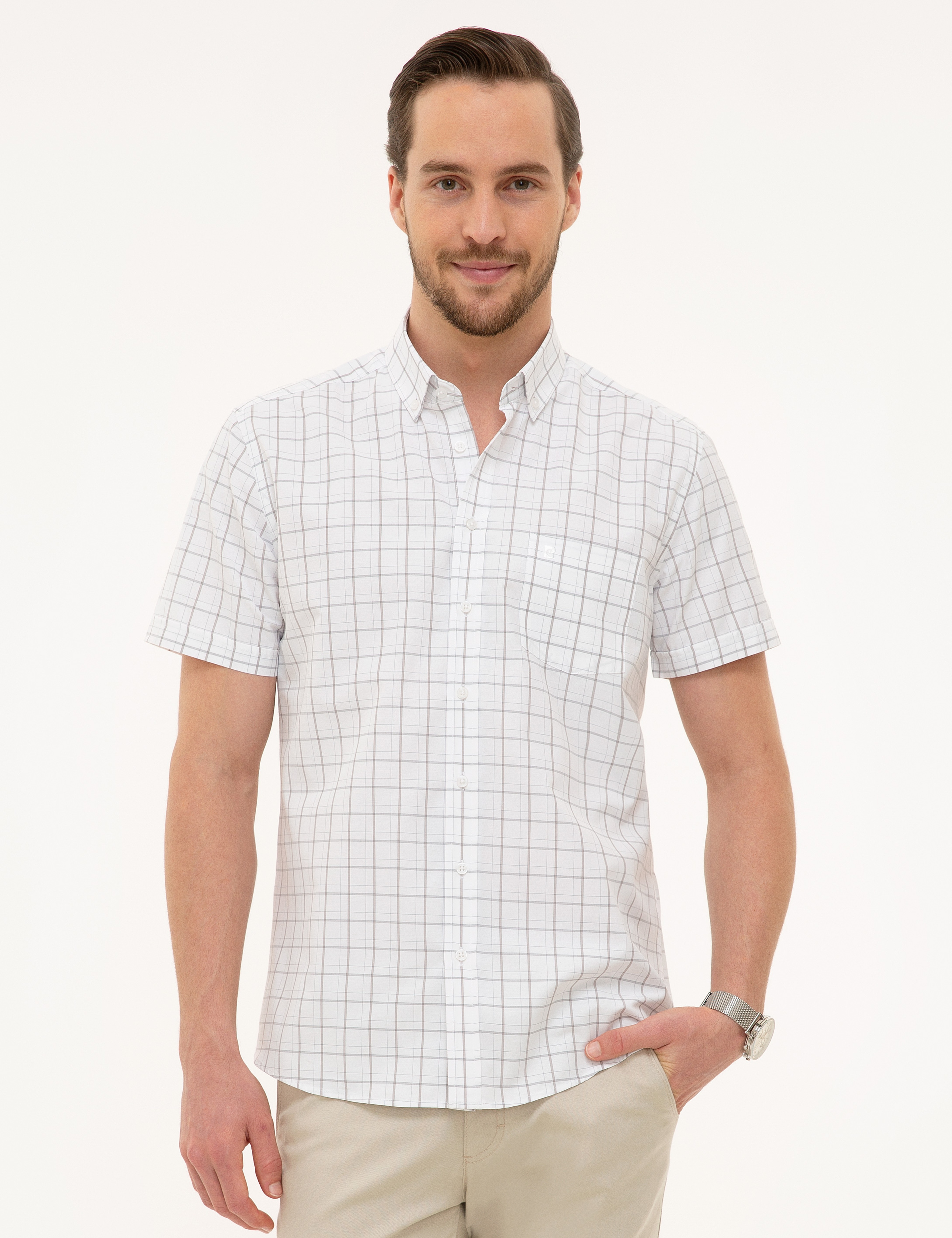 Açık Gri Regular Fit Kısa Kollu Gömlek - Image 1