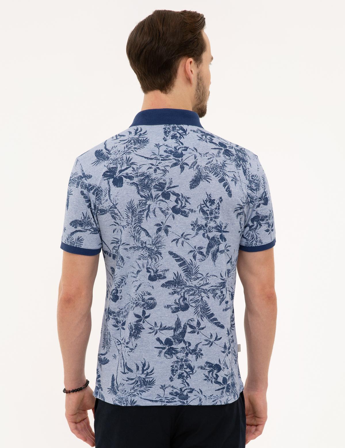 Koyu Mavi Slim Fit Desenli Polo Yaka Tişört - 50219725007