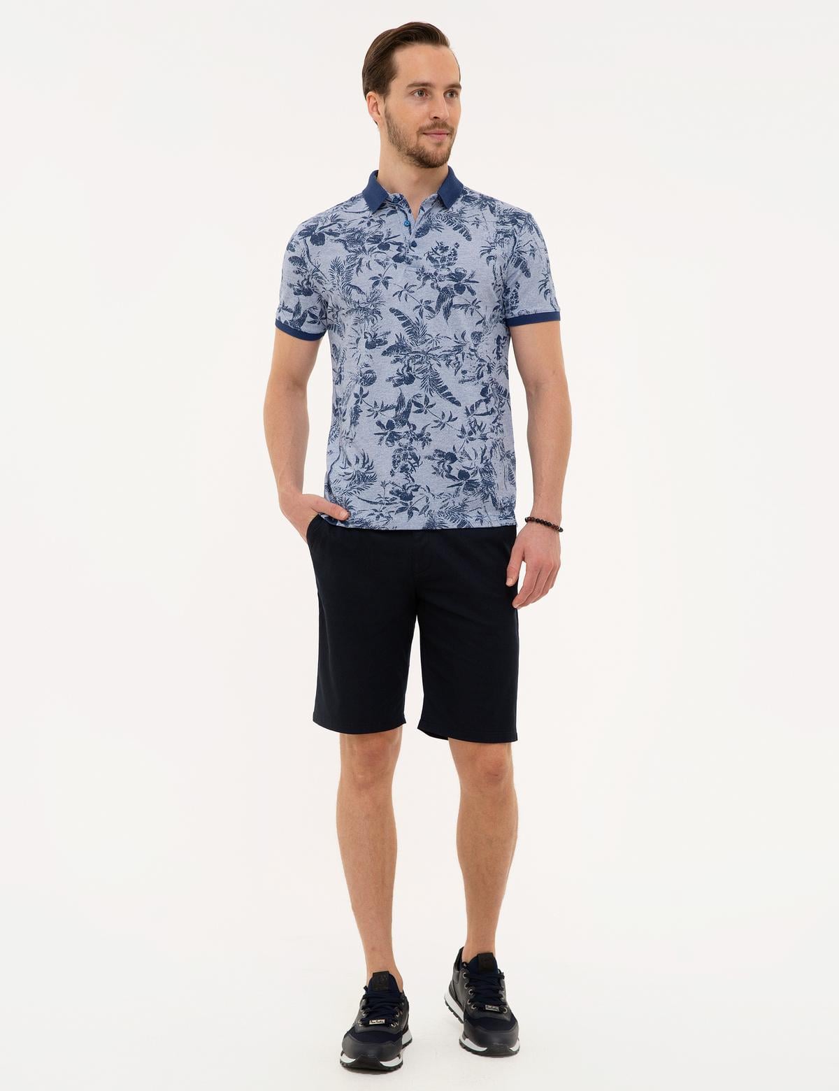 Koyu Mavi Slim Fit Desenli Polo Yaka Tişört - 50219725007