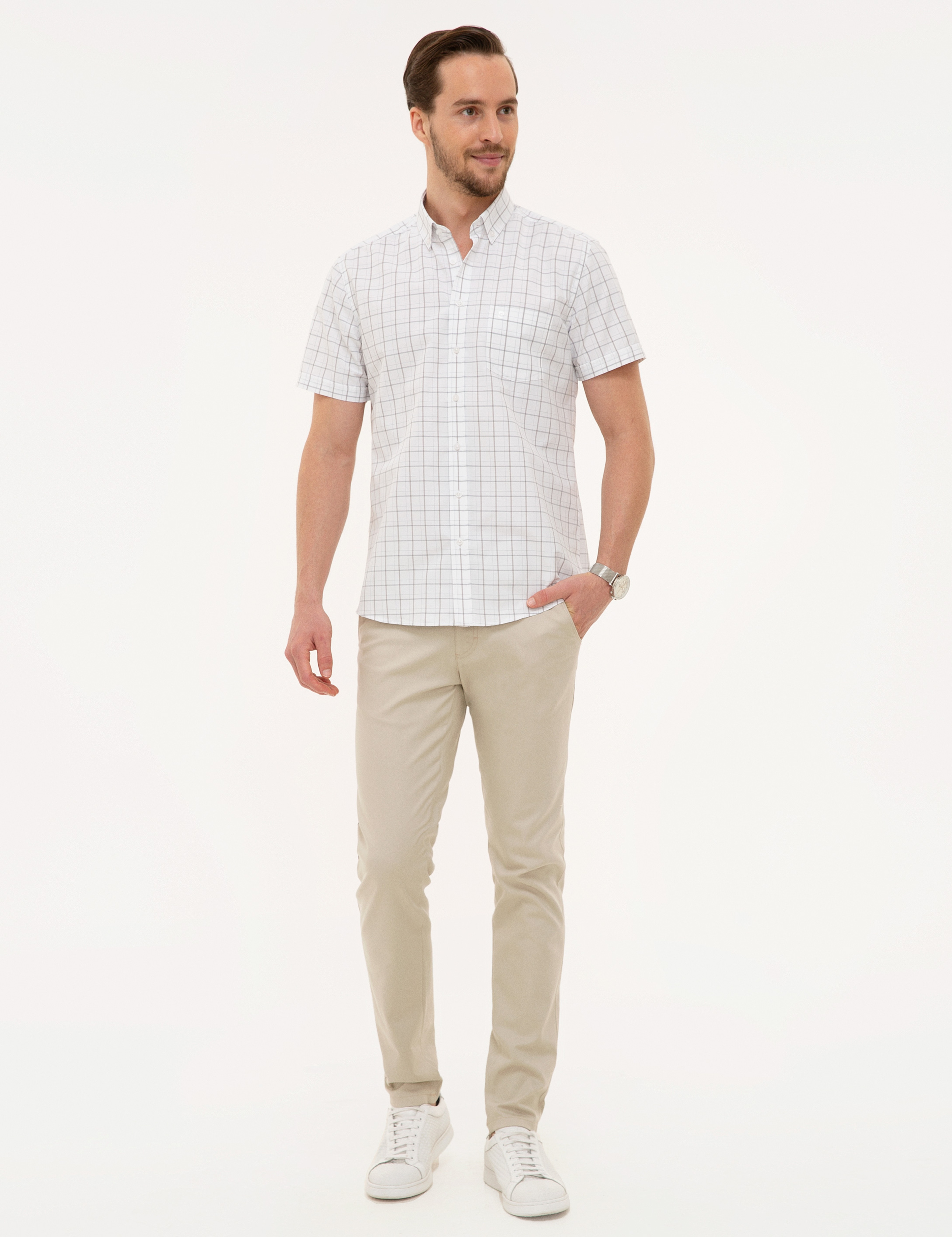 Açık Gri Regular Fit Kısa Kollu Gömlek - Image 4