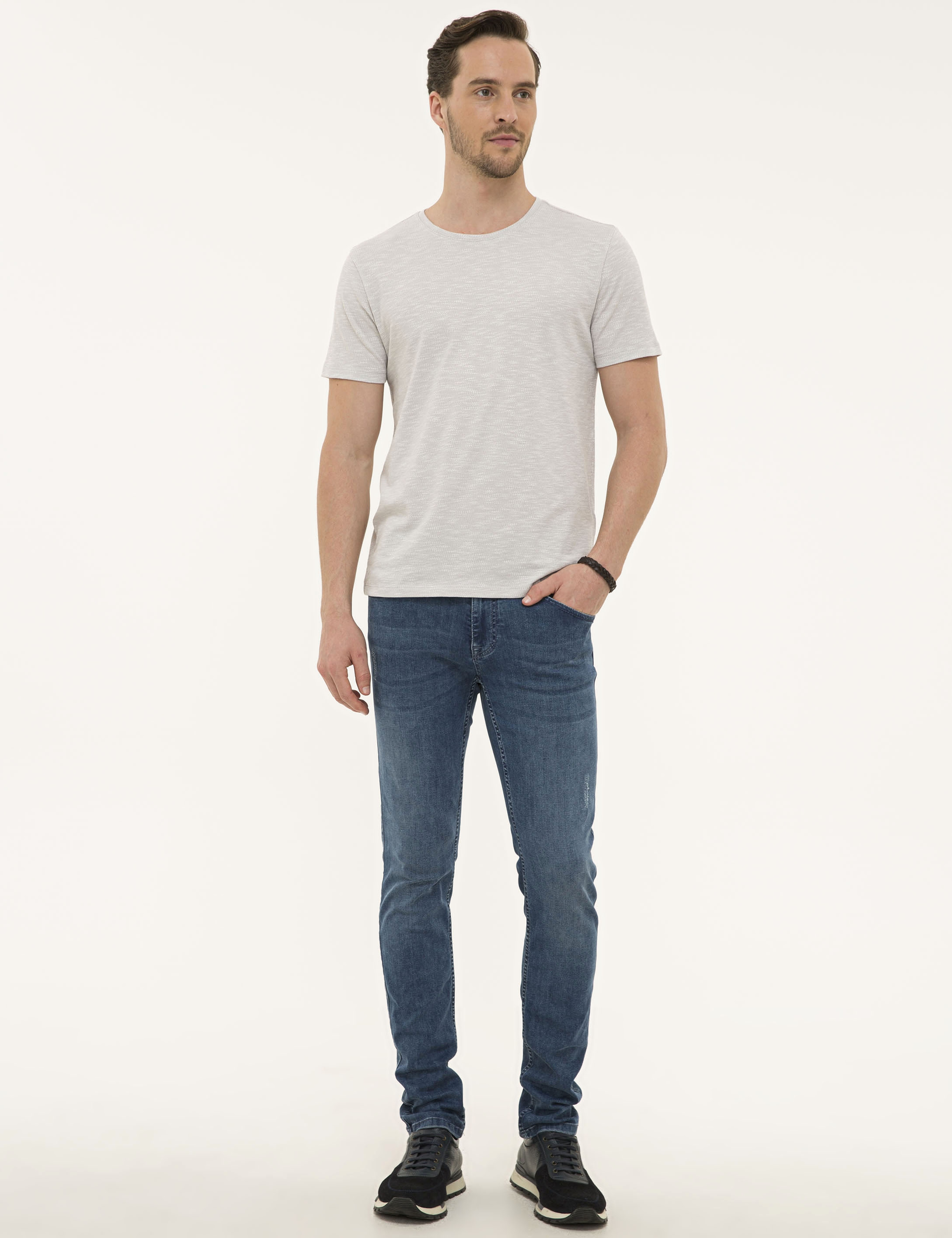 Açık Gri Slim Fit Bisiklet Yaka Tişört