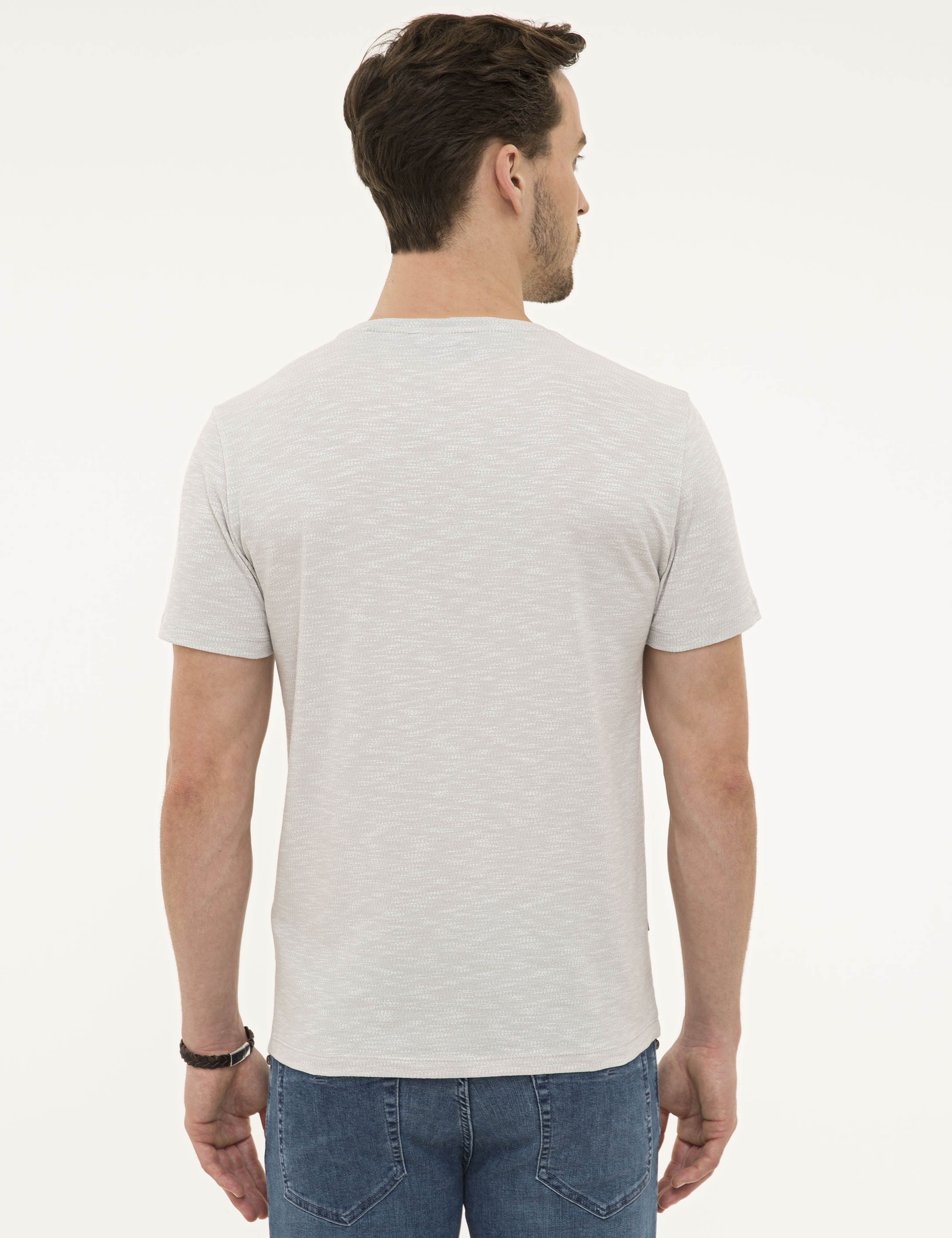 Açık Gri Slim Fit Bisiklet Yaka Tişört
