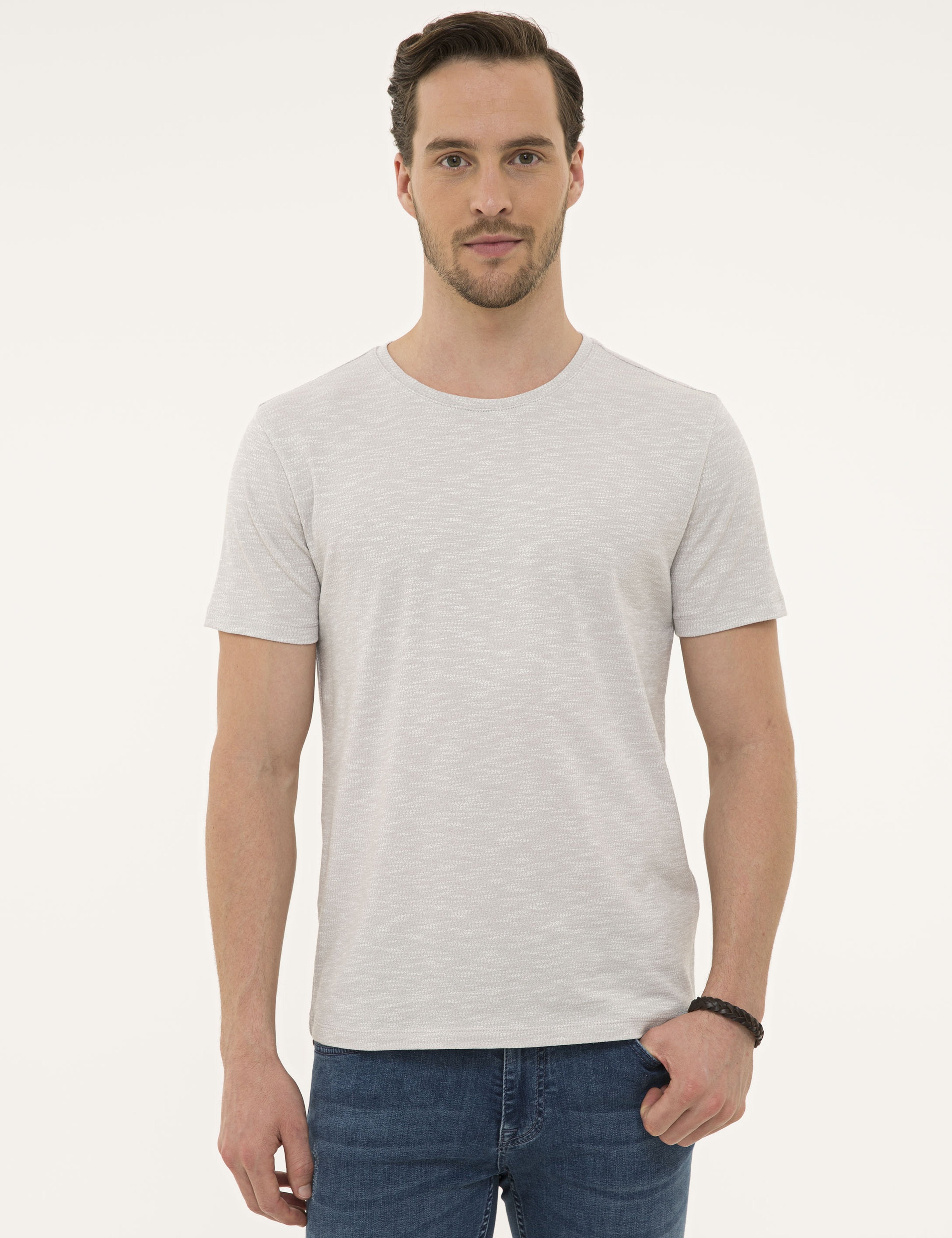 Açık Gri Slim Fit Bisiklet Yaka Tişört - Image 1