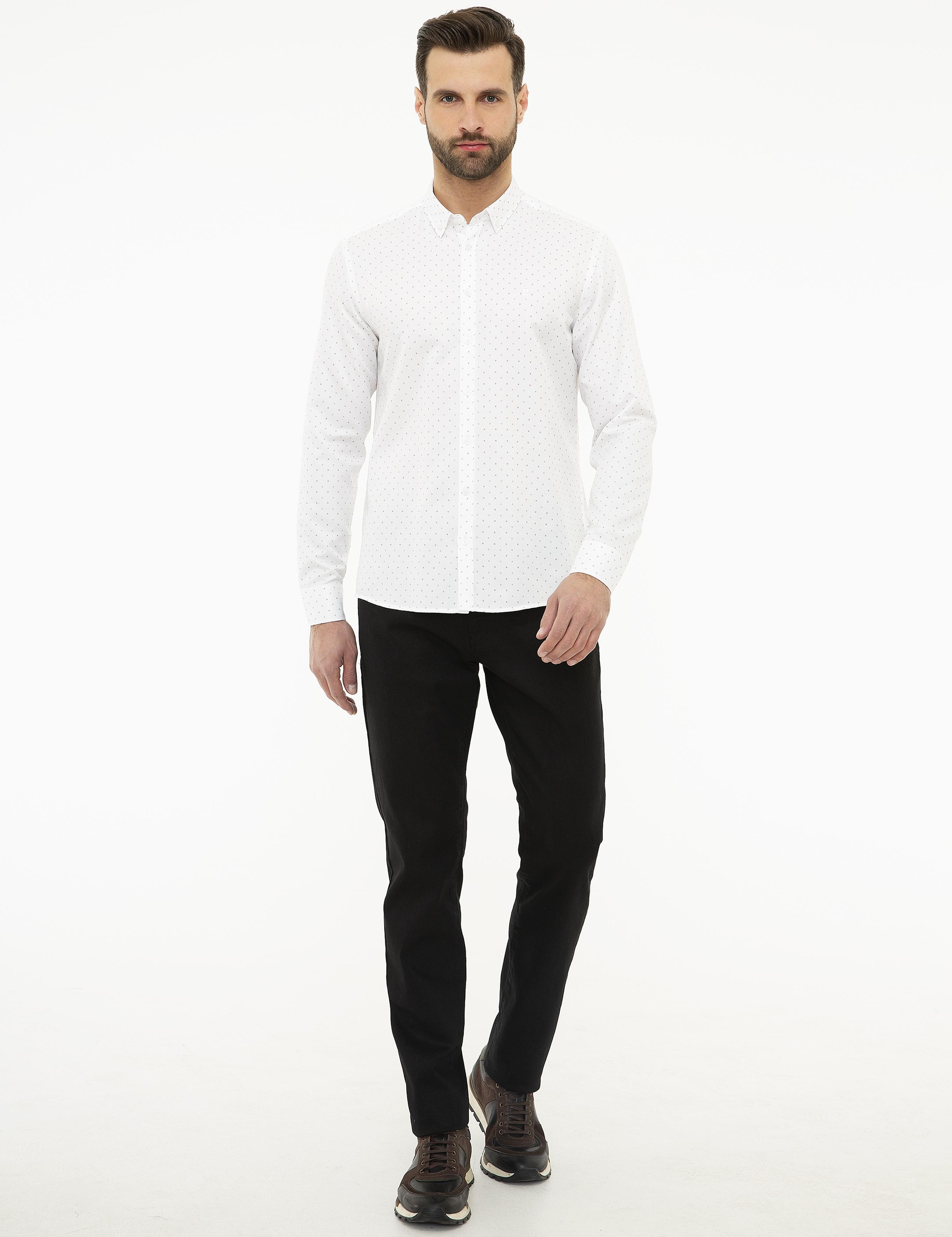 Bordo Detaylı Beyaz Slim Fit Gömlek