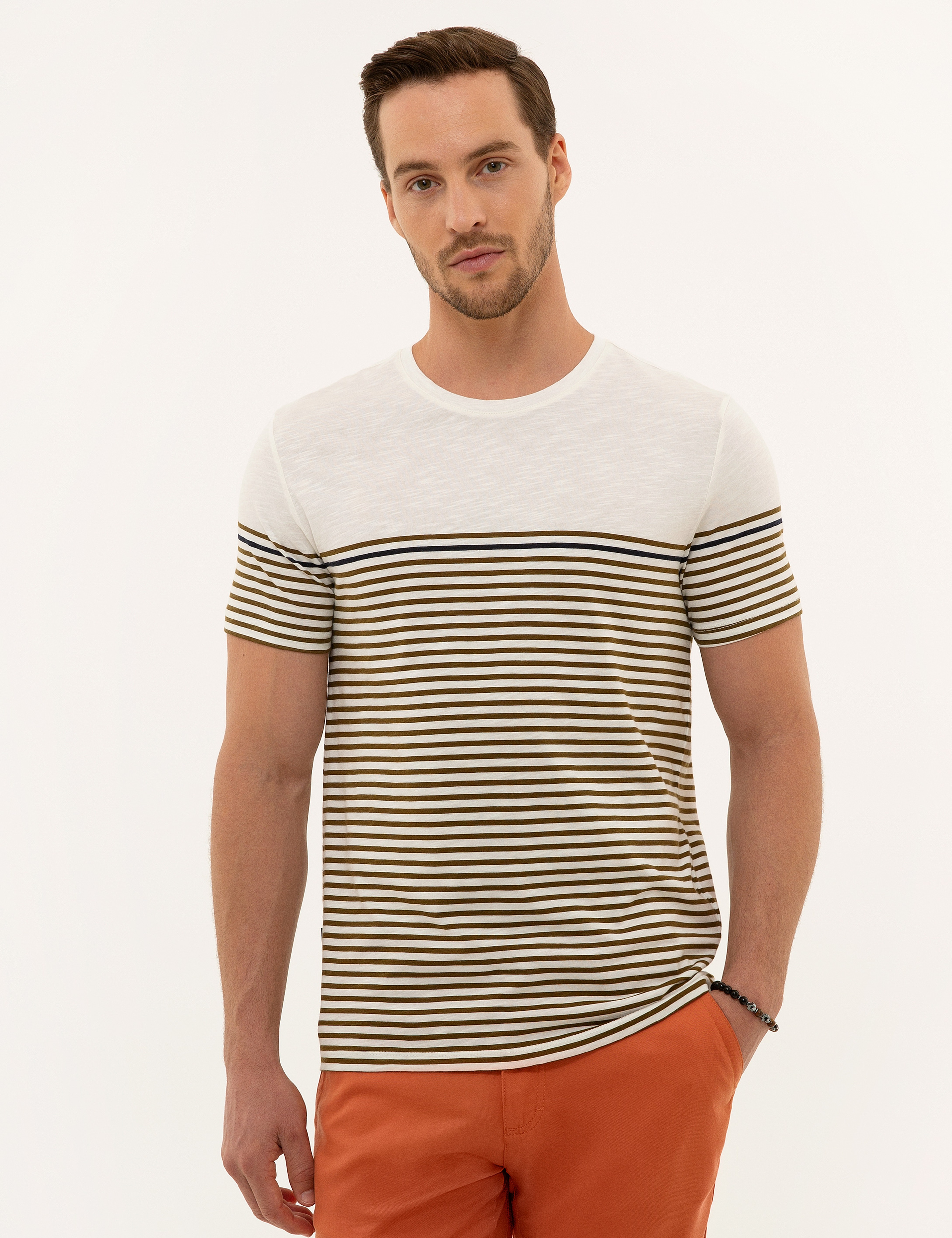 Açık Haki Slim Fit %100 Pamuk Bisiklet Yaka Tişört