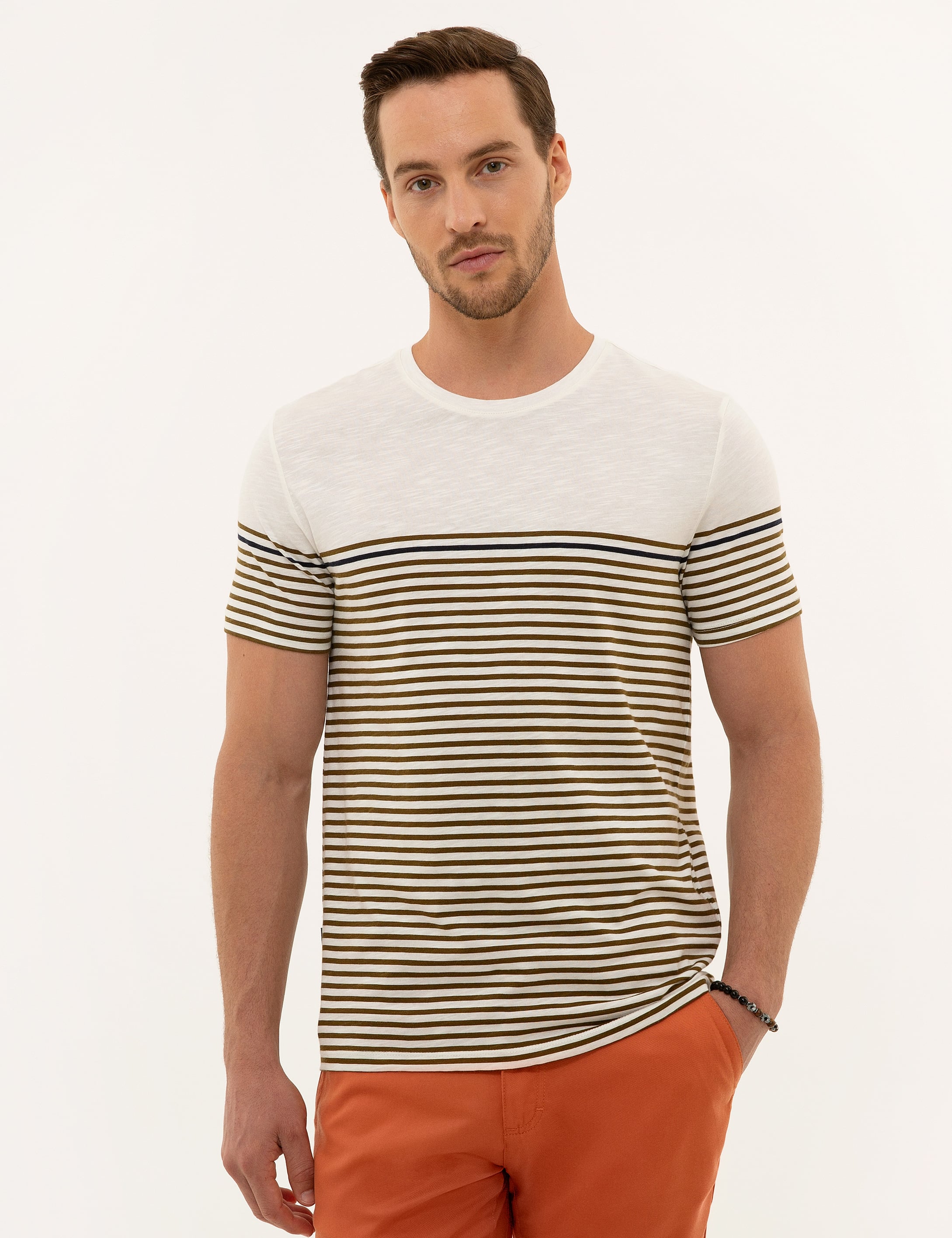 Açık Haki Slim Fit %100 Pamuk Bisiklet Yaka Tişört