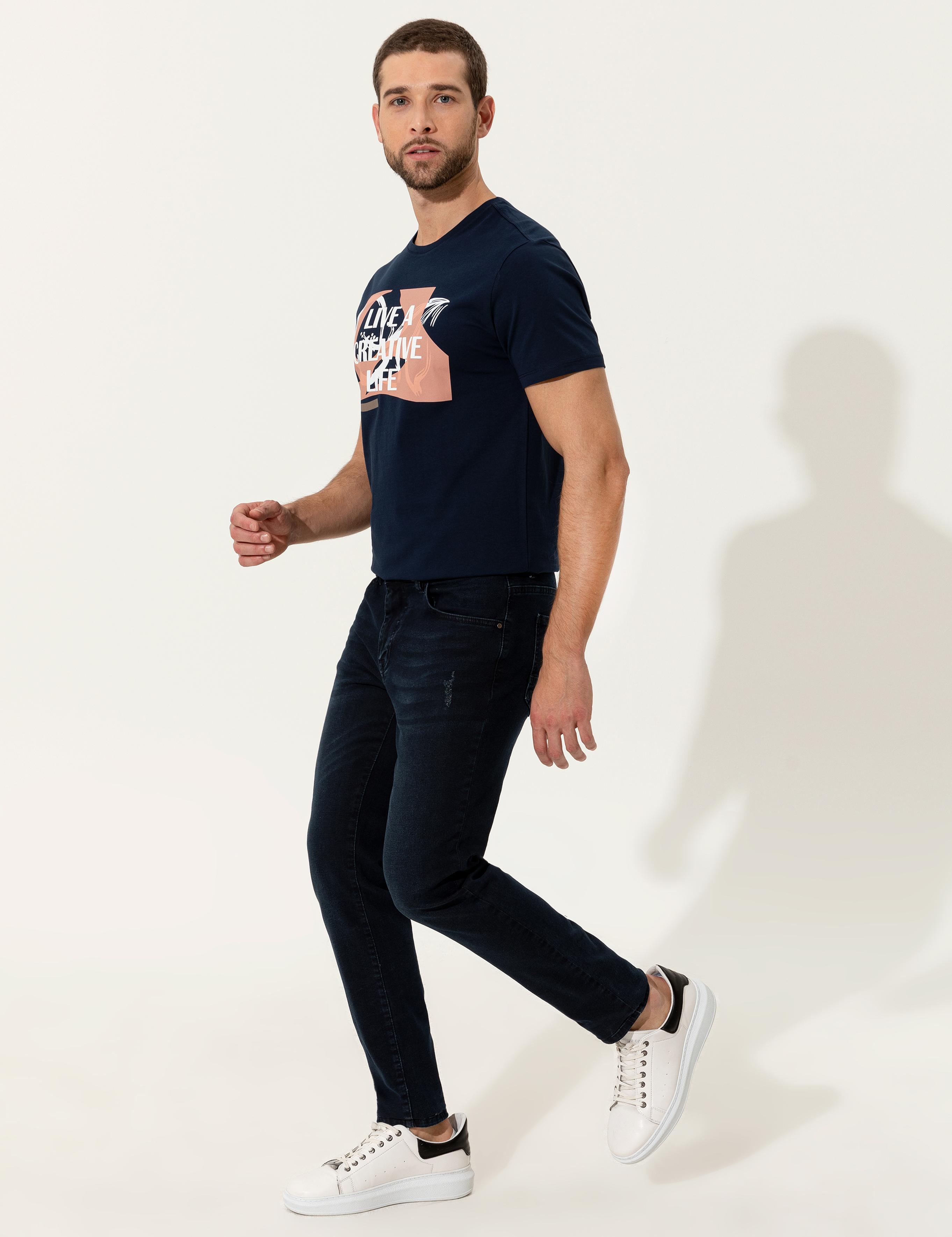 Lacivert Slim Fit Baskılı Bisiklet Yaka Tişört