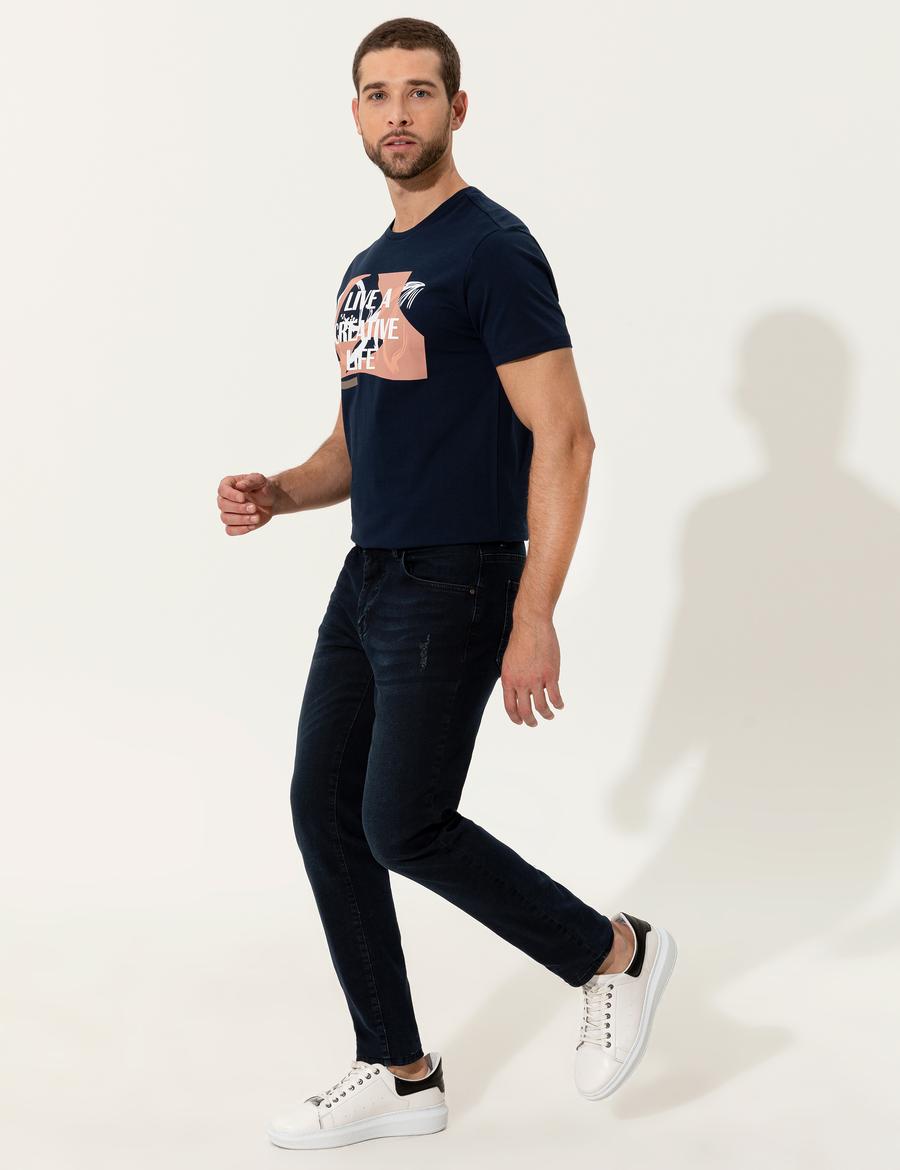 Lacivert Slim Fit Baskılı Bisiklet Yaka Tişört