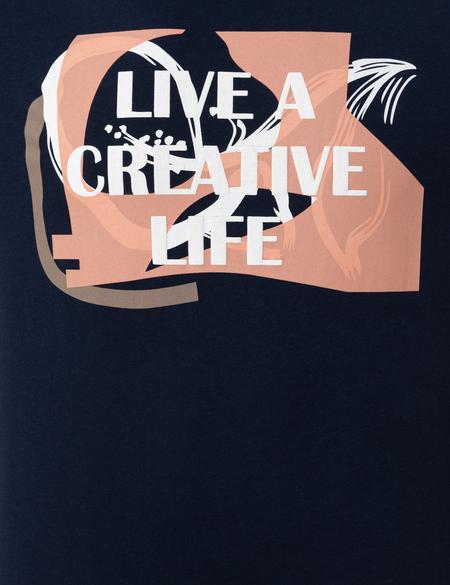 Lacivert Slim Fit Baskılı Bisiklet Yaka Tişört - 50249801031