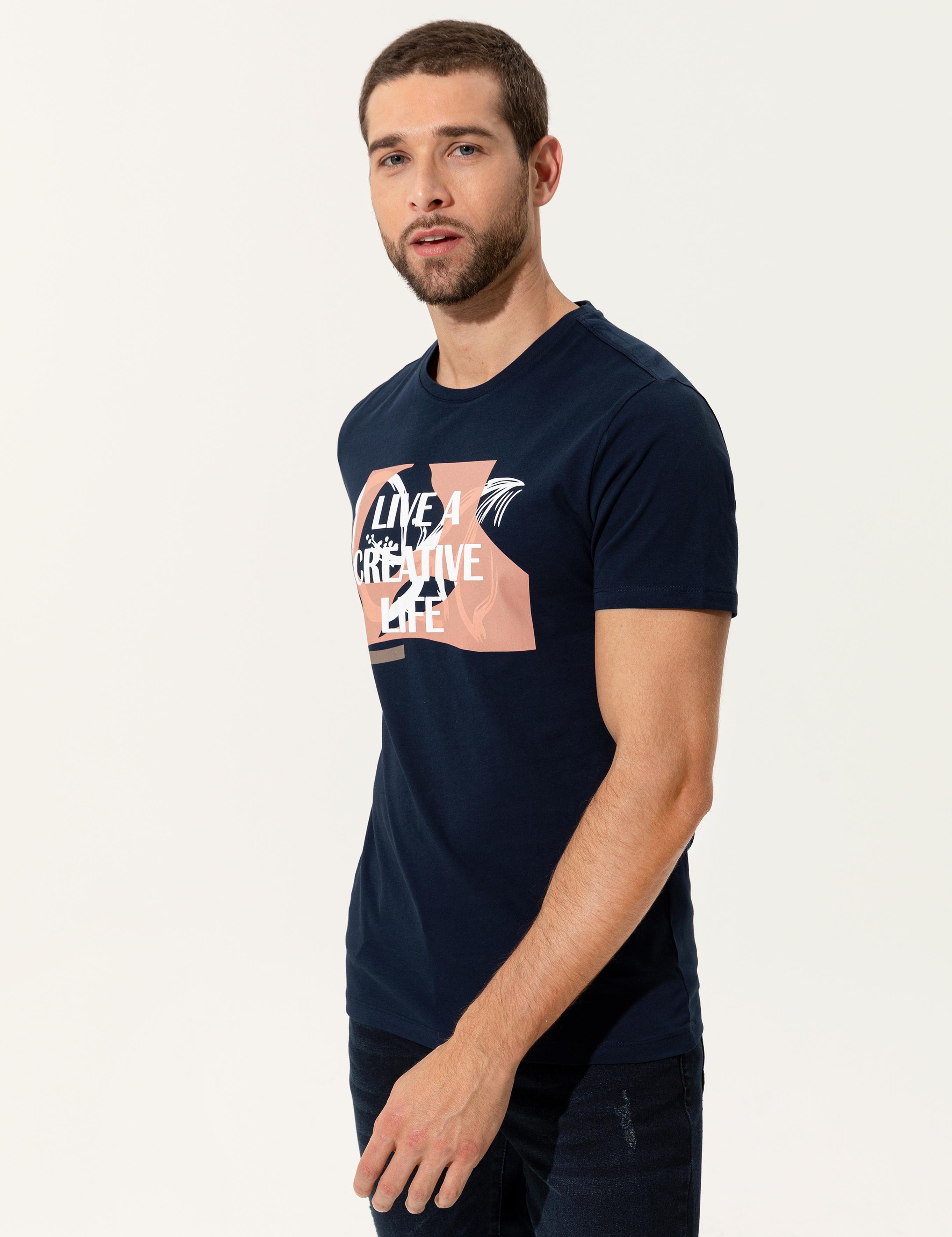 Lacivert Slim Fit Baskılı Bisiklet Yaka Tişört