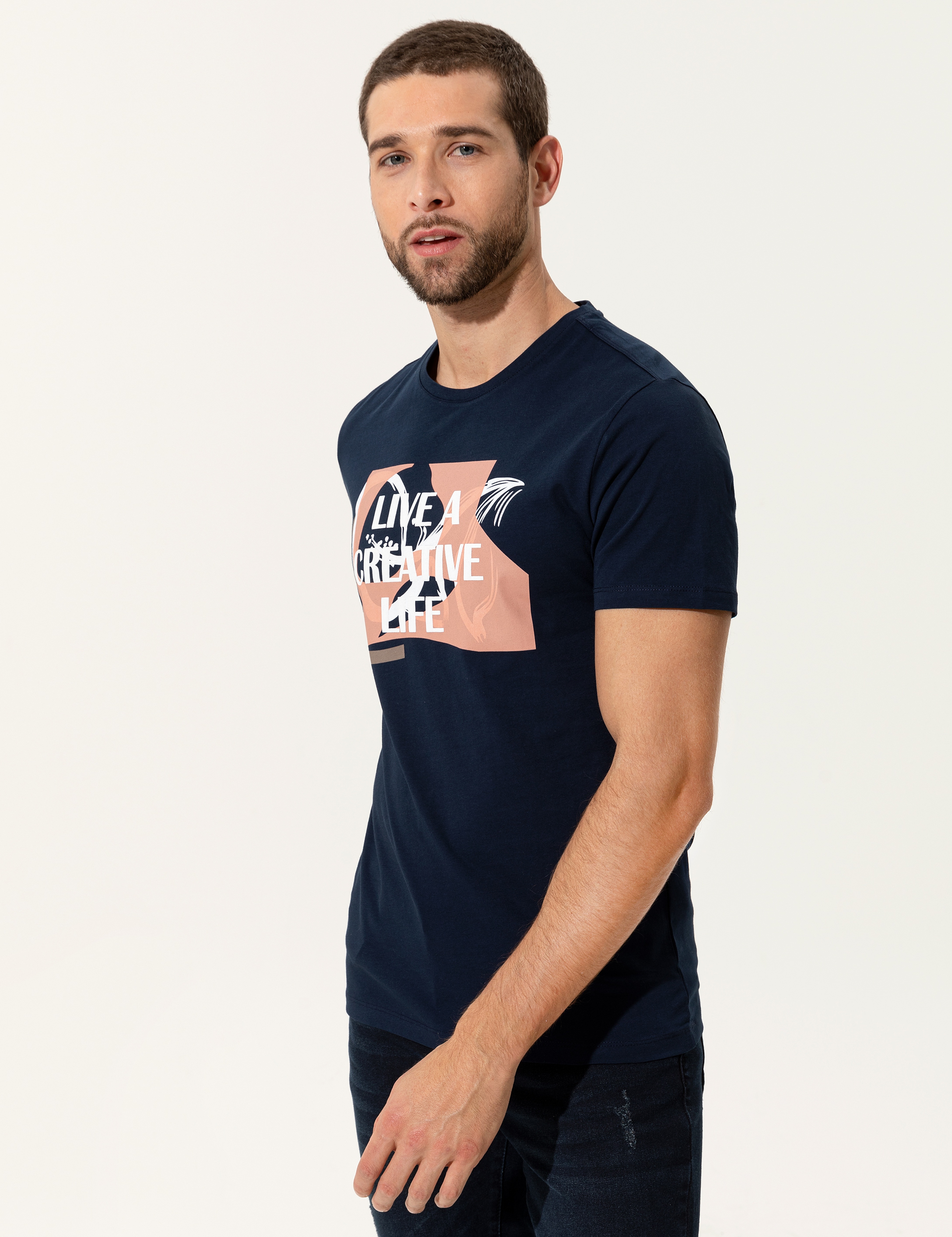 Lacivert Slim Fit Baskılı Bisiklet Yaka Tişört - Image 4