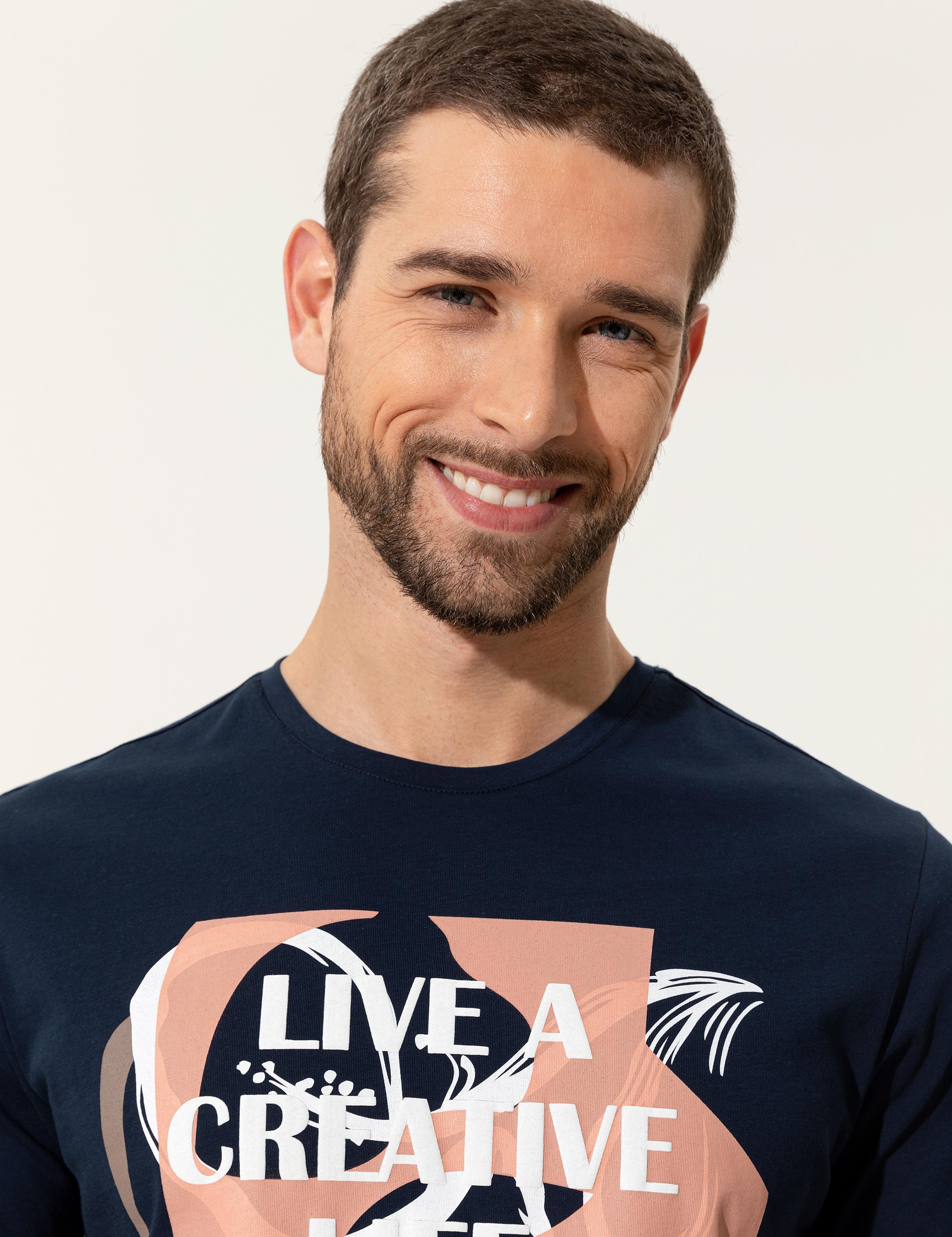 Lacivert Slim Fit Baskılı Bisiklet Yaka Tişört