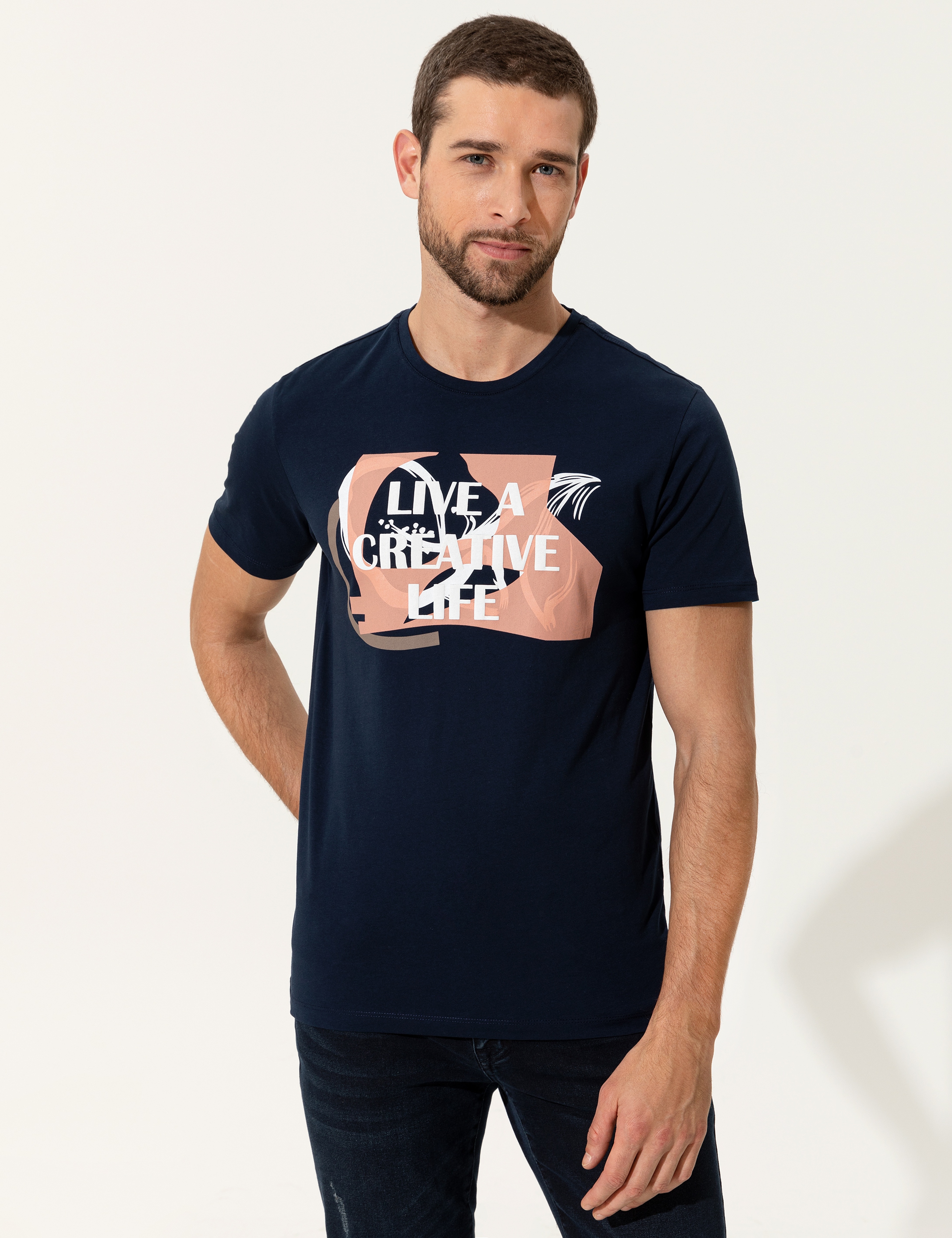 Lacivert Slim Fit Baskılı Bisiklet Yaka Tişört - Image 3