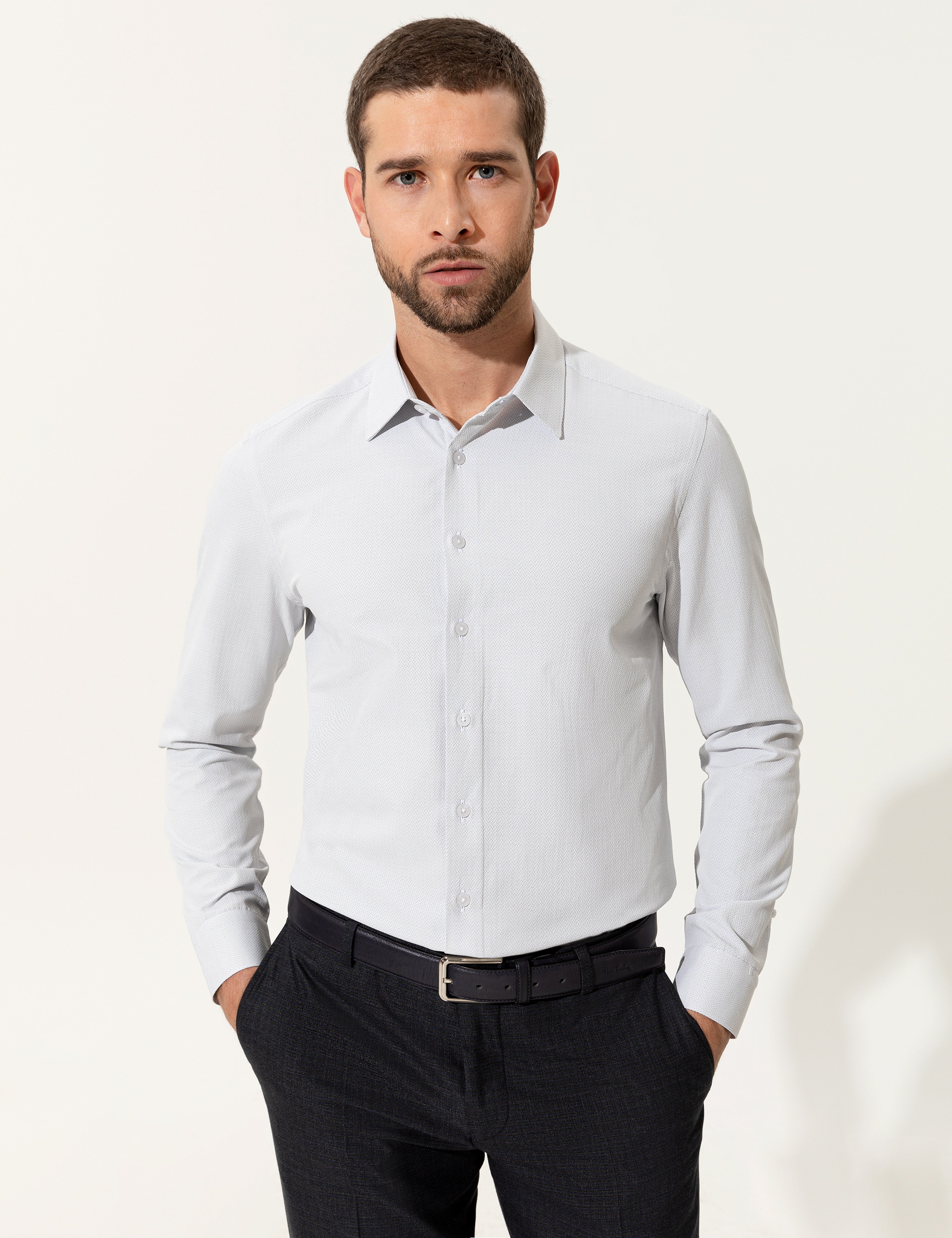 Gri Slim Fit Uzun Kollu Gömlek - Image 1