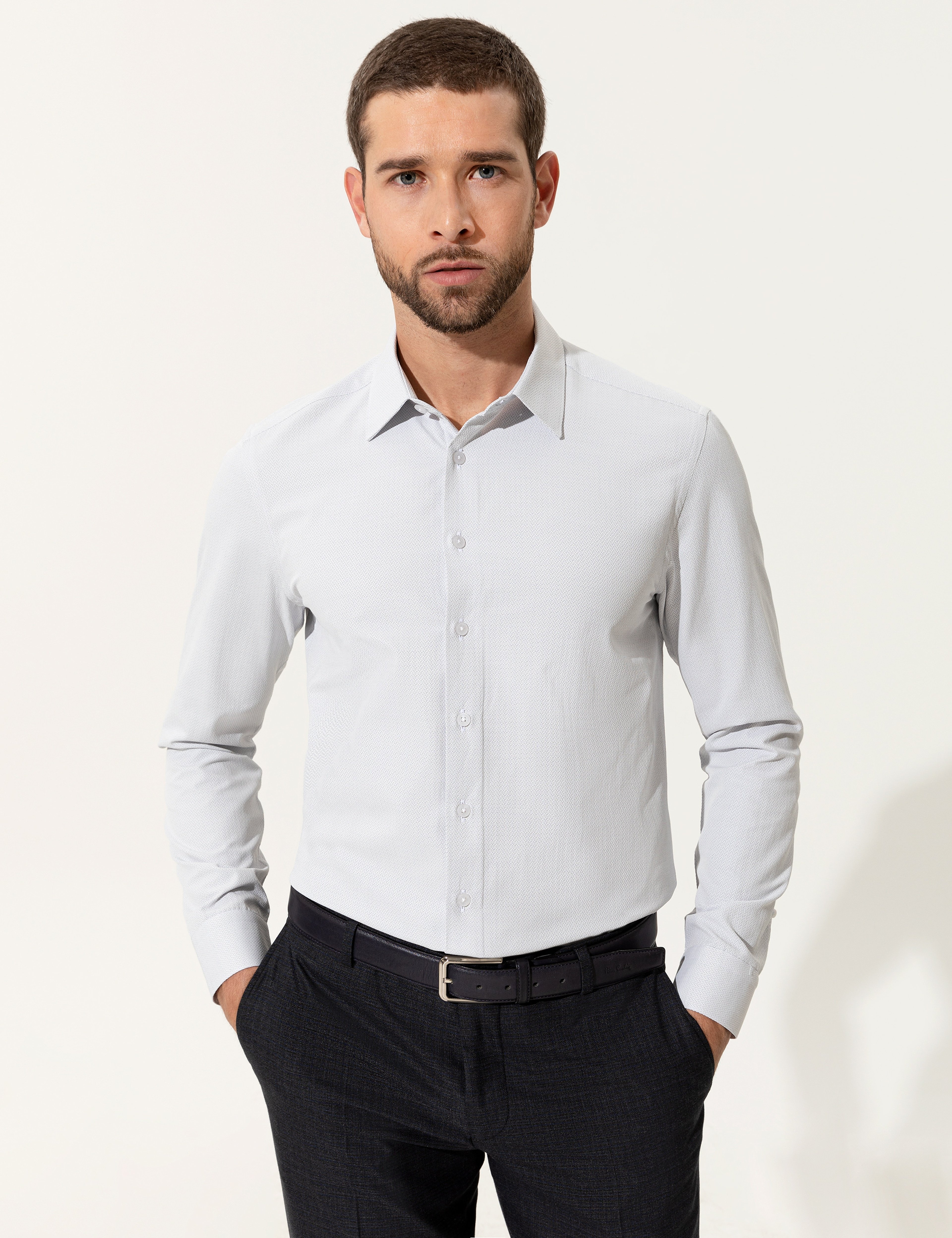 Gri Slim Fit Uzun Kollu Gömlek