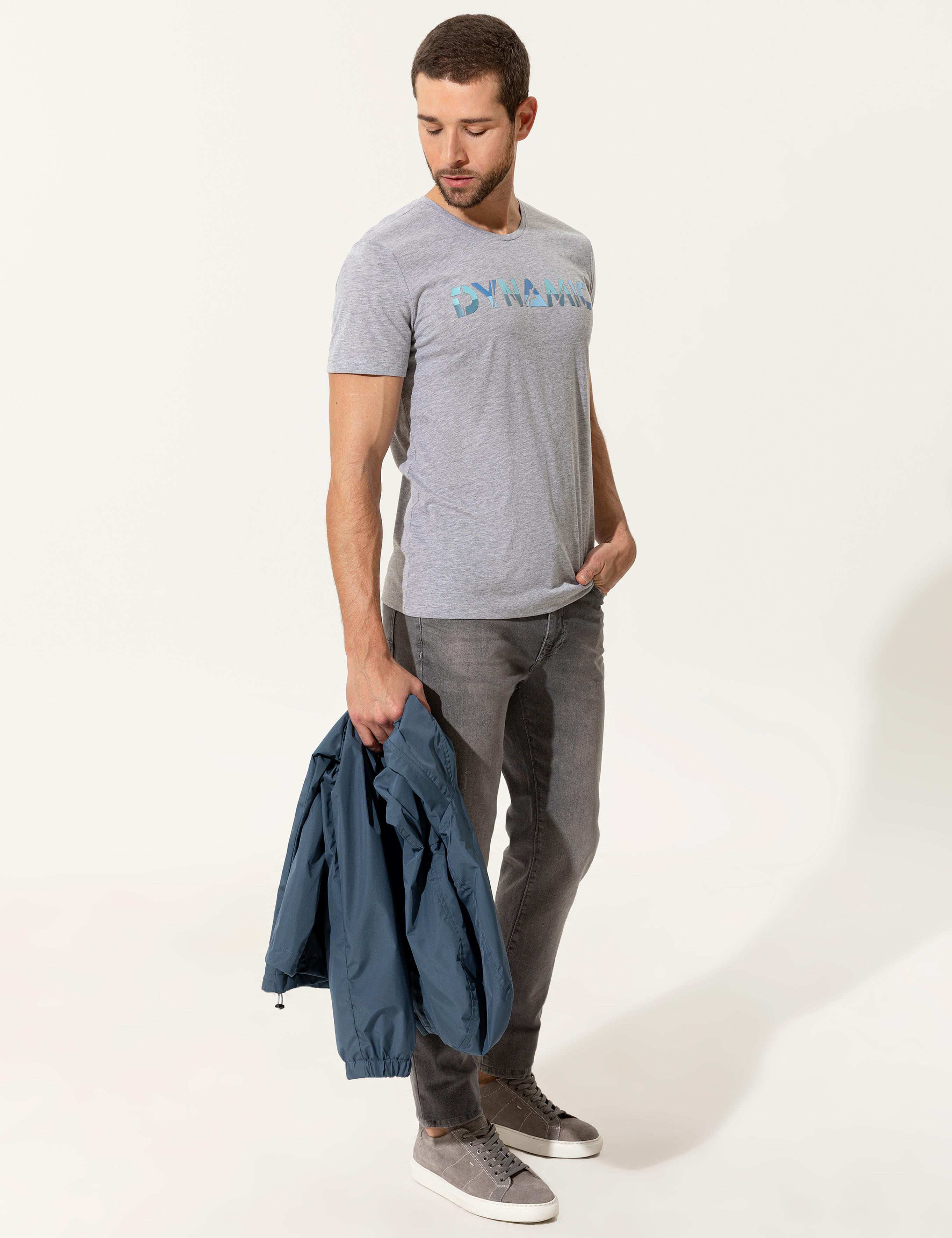 Açık Gri Melanj Slim Fit Baskılı Bisiklet Yaka Tişört