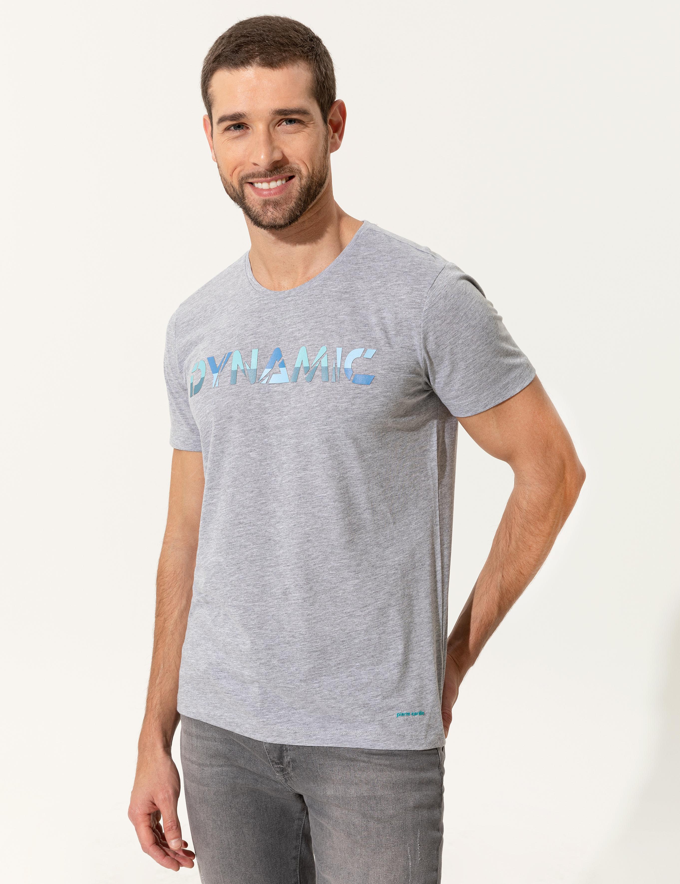 Açık Gri Melanj Slim Fit Baskılı Bisiklet Yaka Tişört