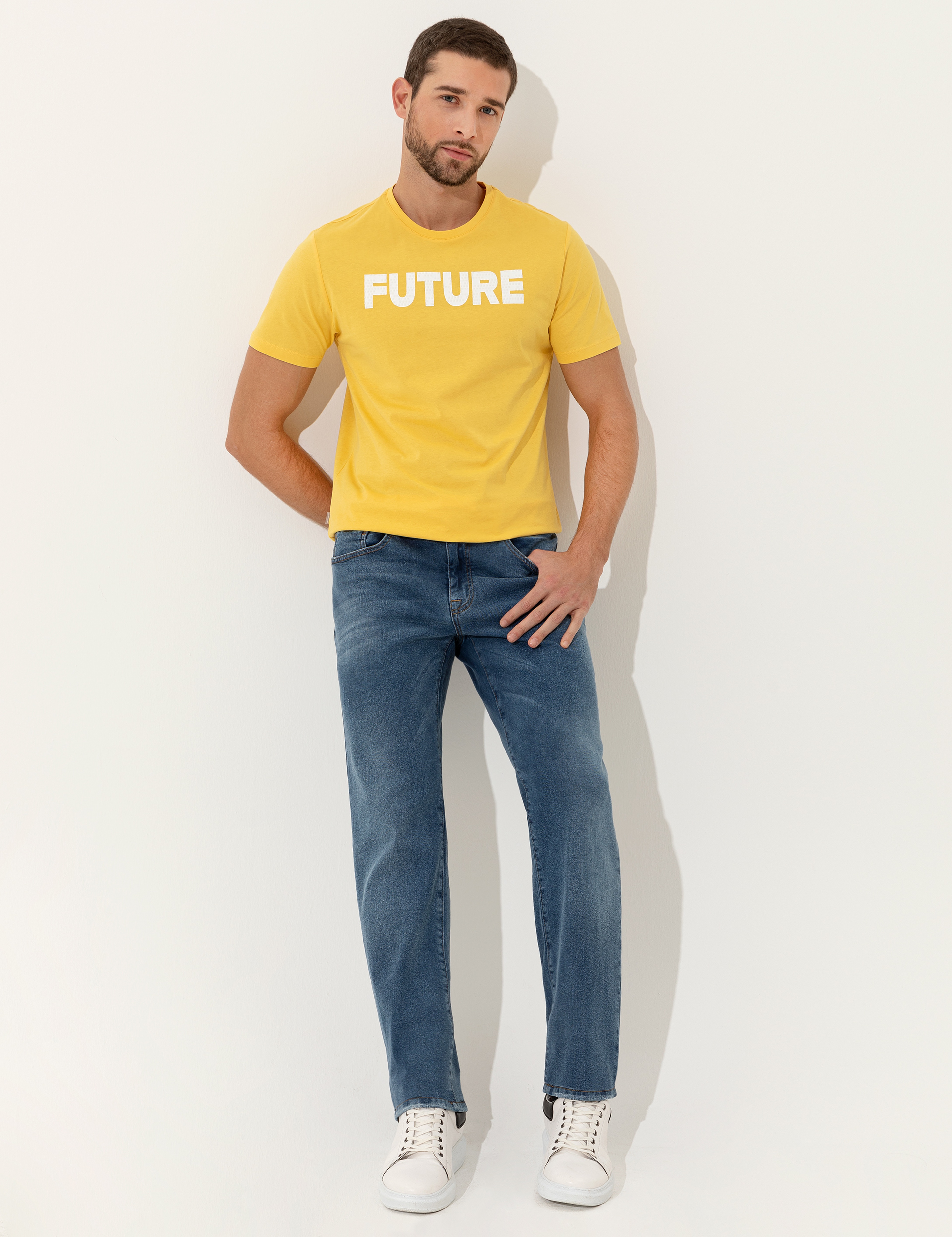 Sarı Slim Fit Baskılı Bisiklet Yaka Tişört - Image 4