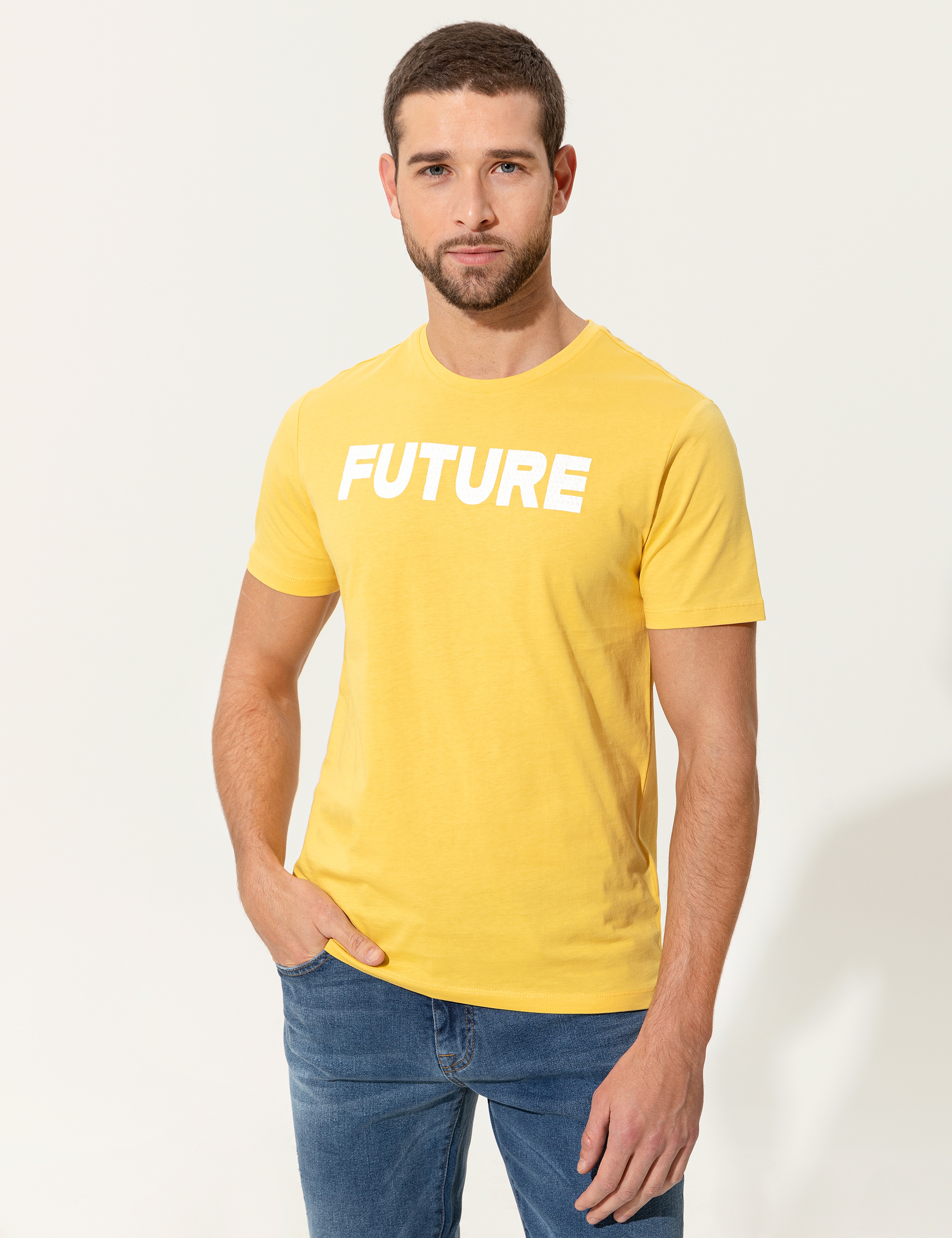 Sarı Slim Fit Baskılı Bisiklet Yaka Tişört