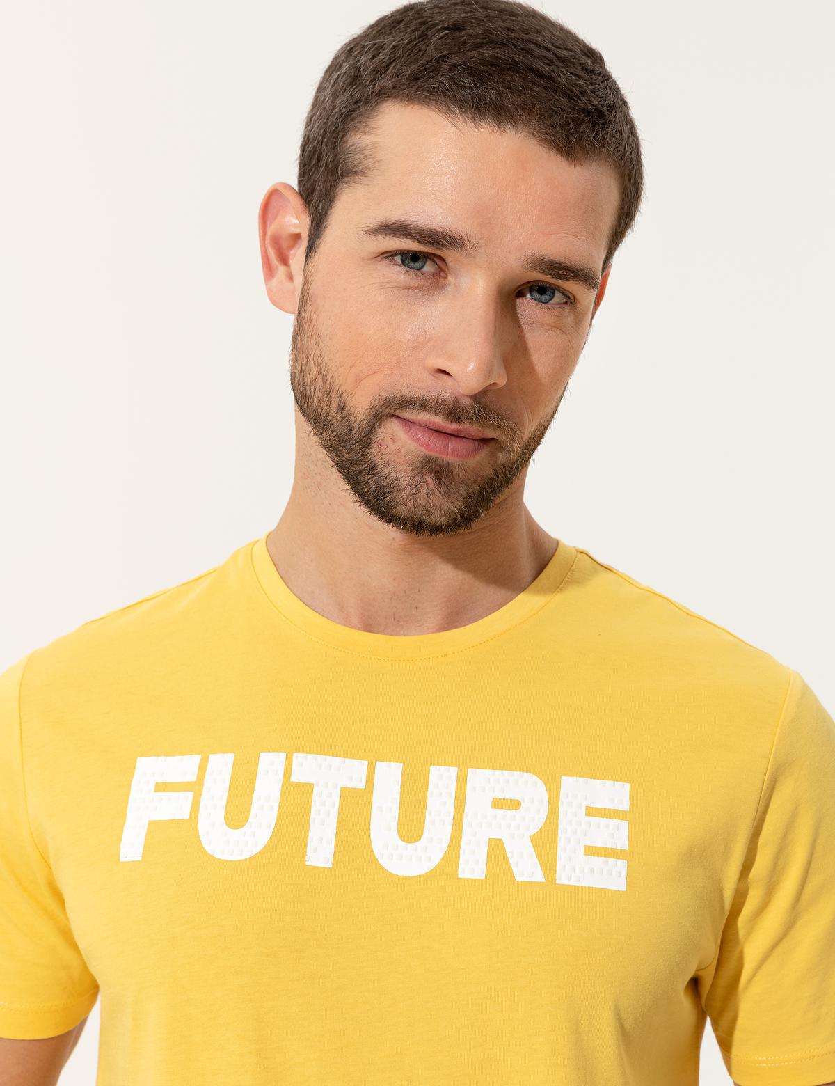 Sarı Slim Fit Baskılı Bisiklet Yaka Tişört - 50249708004