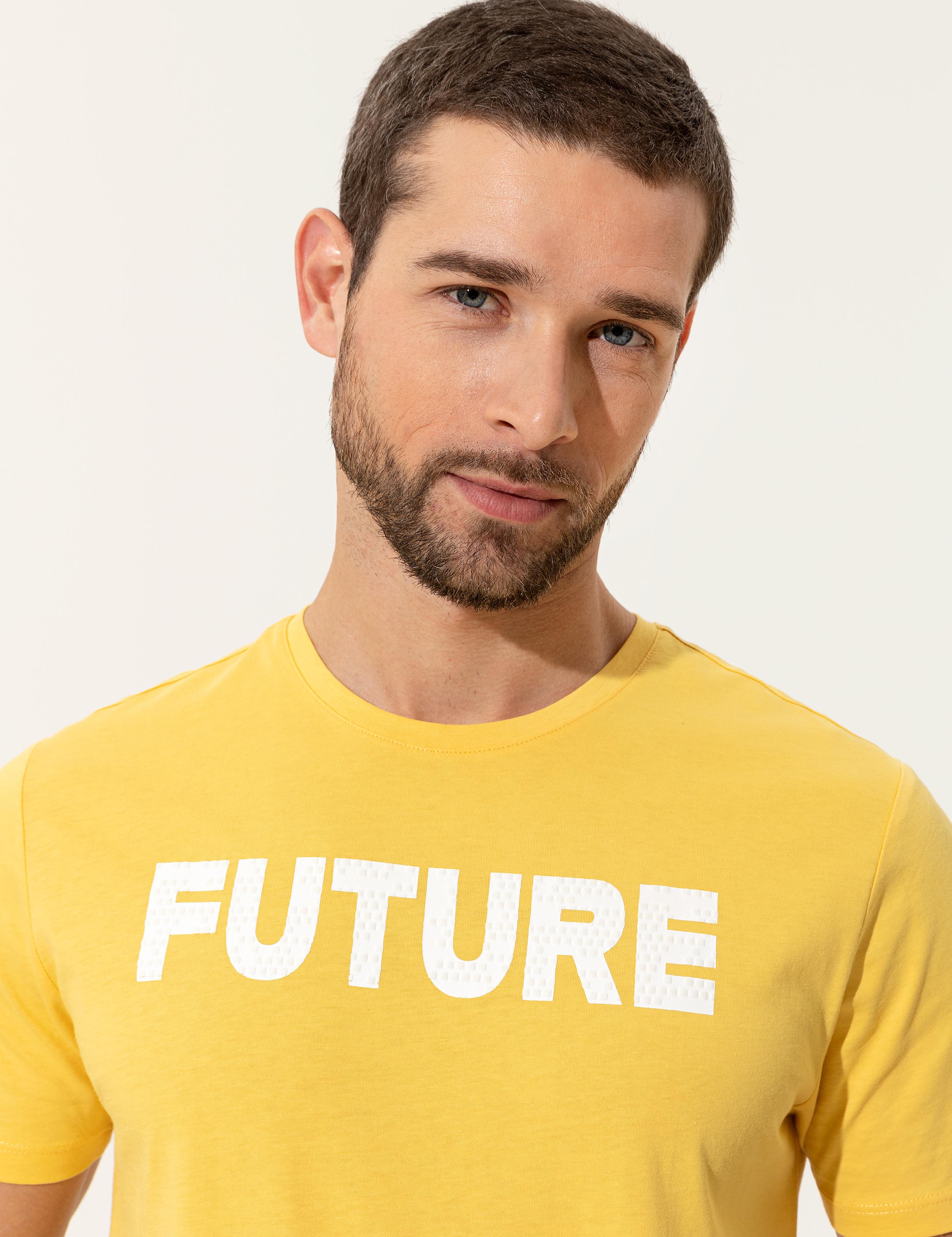 Sarı Slim Fit Baskılı Bisiklet Yaka Tişört