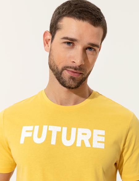 Sarı Slim Fit Baskılı Bisiklet Yaka Tişört - 50249708004