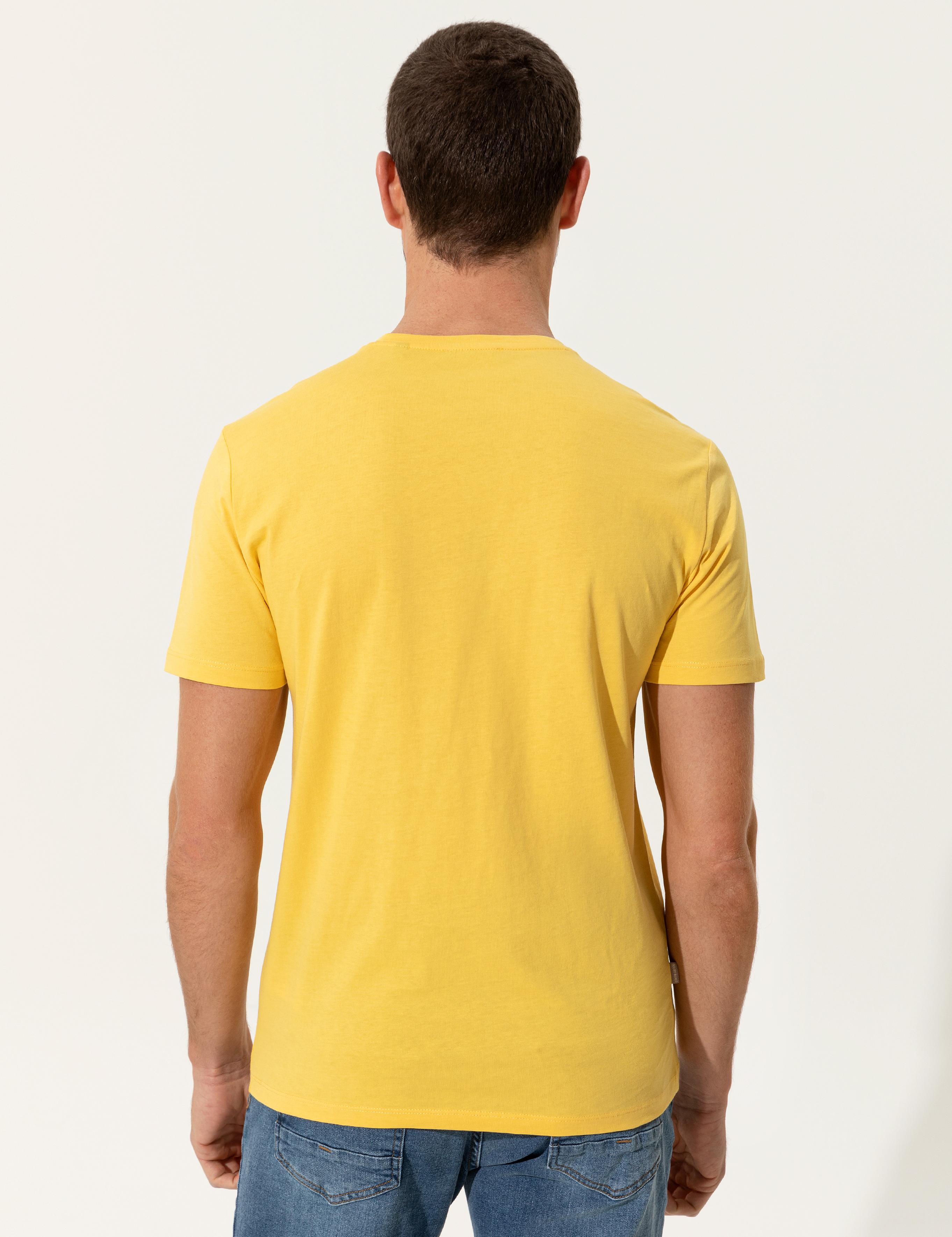 Sarı Slim Fit Baskılı Bisiklet Yaka Tişört